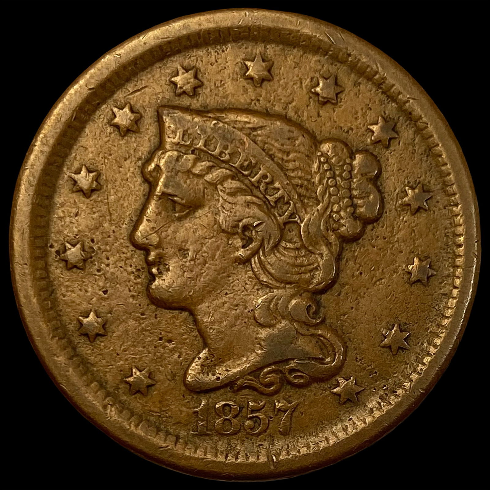 1857 Braided Hair Large Cent  LIGHTLY  CIRCULATED (1 of 2)