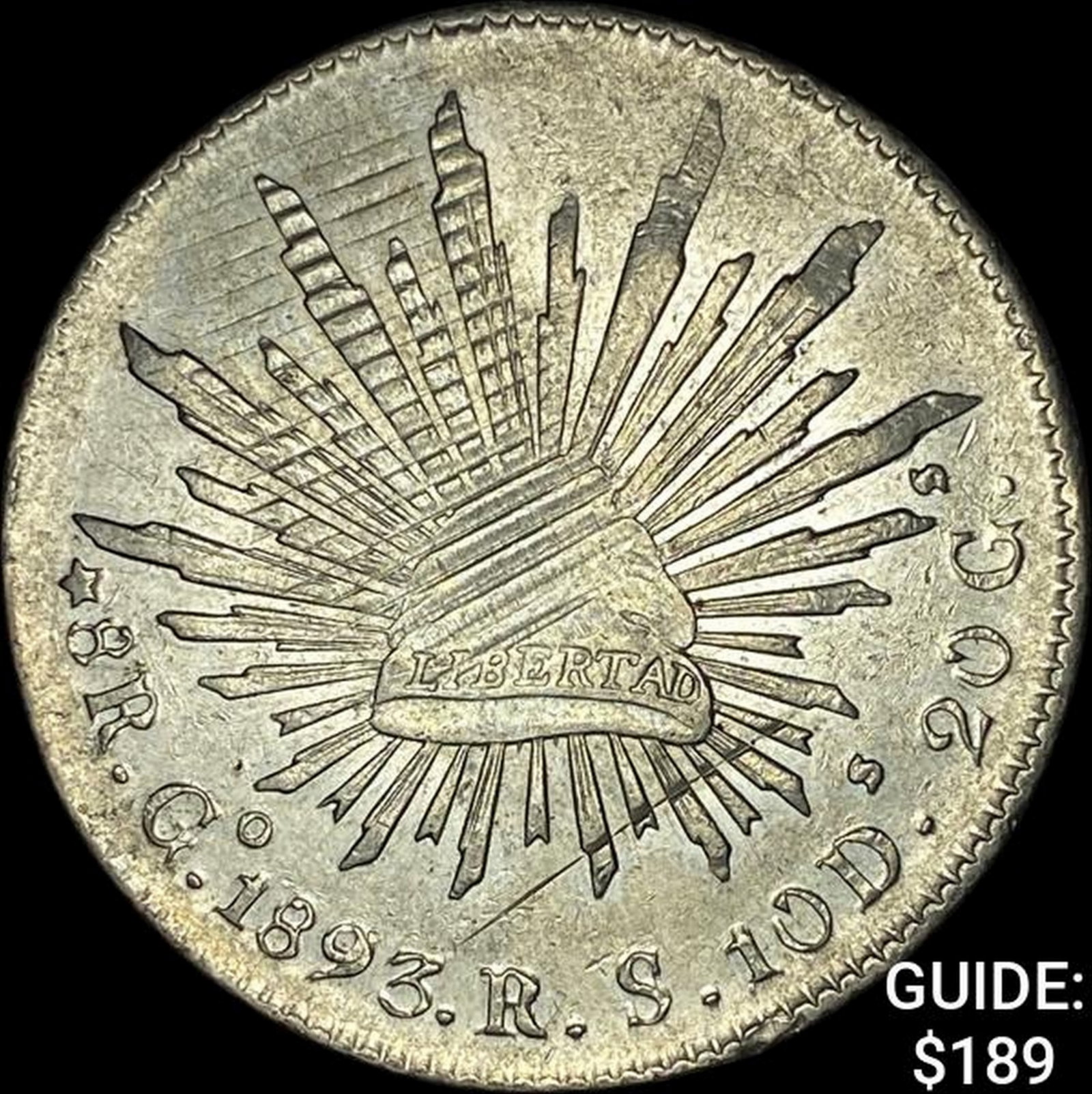 1893Go RS Mexico Silver 8 Reales Cap & Ray CLOSELY UNCIRCULATED: 1893Go RS Mexico Silver 8 Reales Cap & Ray CLOSELY UNCIRCULATED