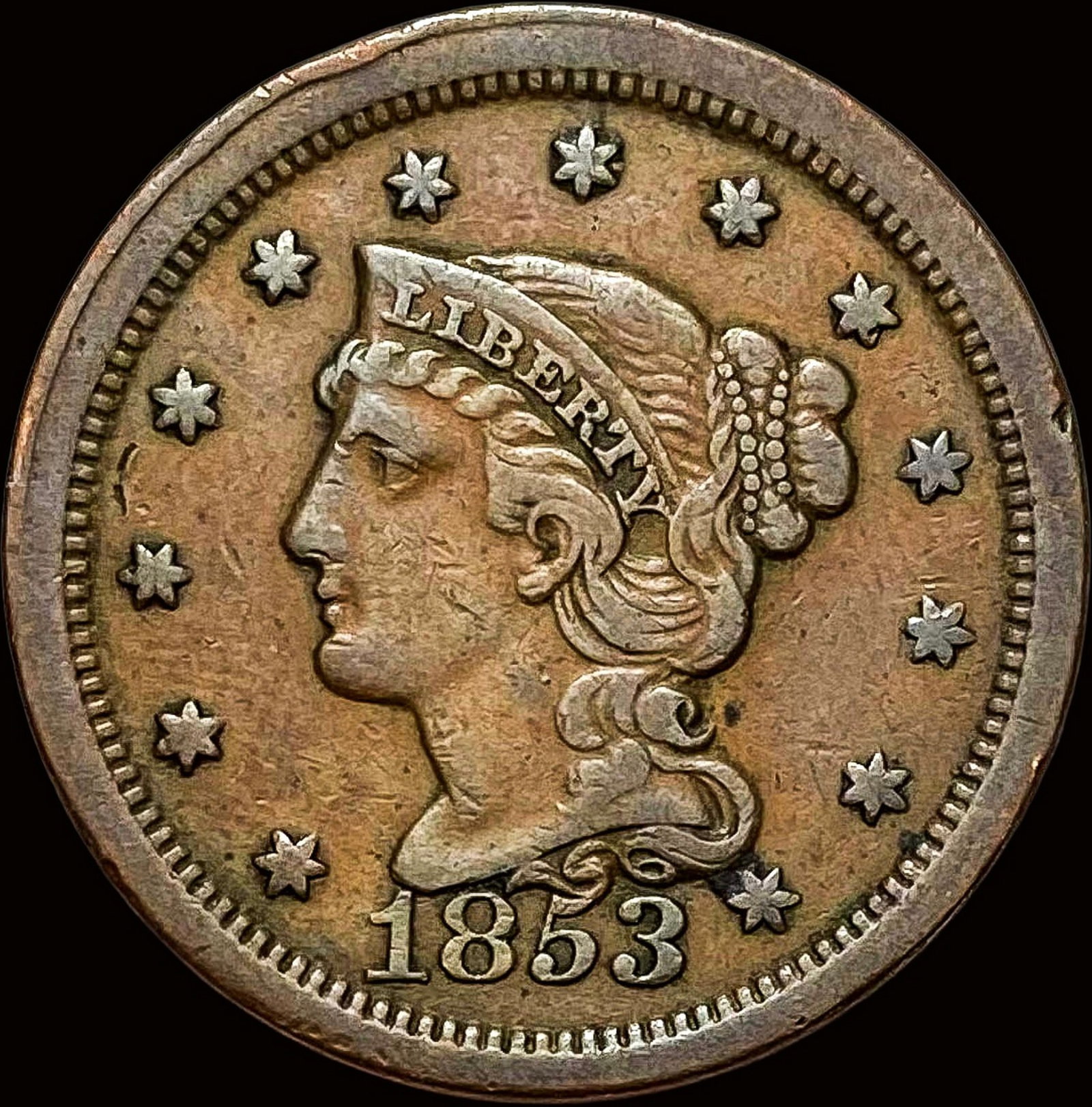 1853 Braided Hair Large Cent NEARLY UNCIRCULATED: 1853 Braided Hair Large Cent NEARLY UNCIRCULATED