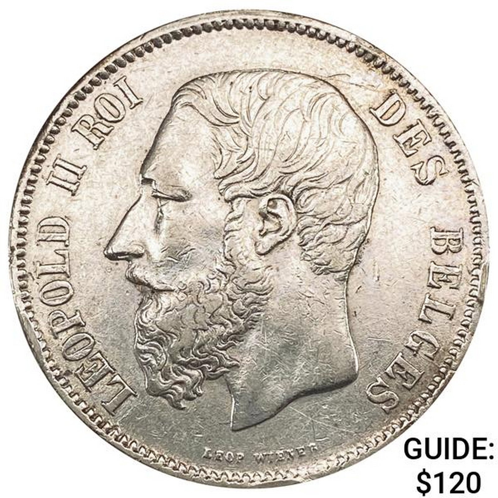 1869 Belgium Silver 5 Francs CLOSELY UNCIRCULATED: 1869 Belgium Silver 5 Francs CLOSELY UNCIRCULATED