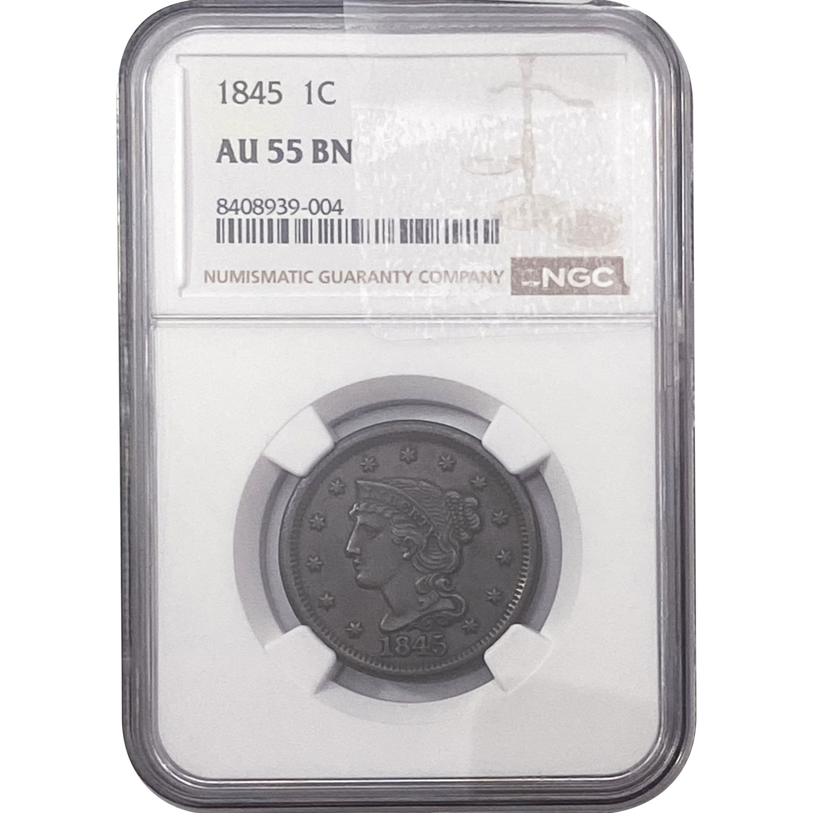 1845 Braided Hair Cent NGC AU55 BN (1 of 2)