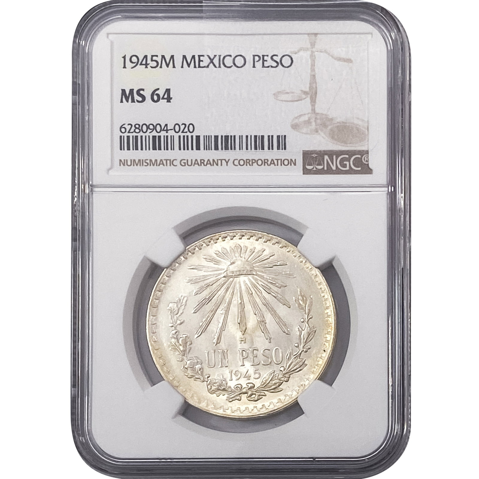 1945 Mexican Peso Estados Unidos NGC MS63: 1945 Mexican Peso Estados Unidos NGC MS63