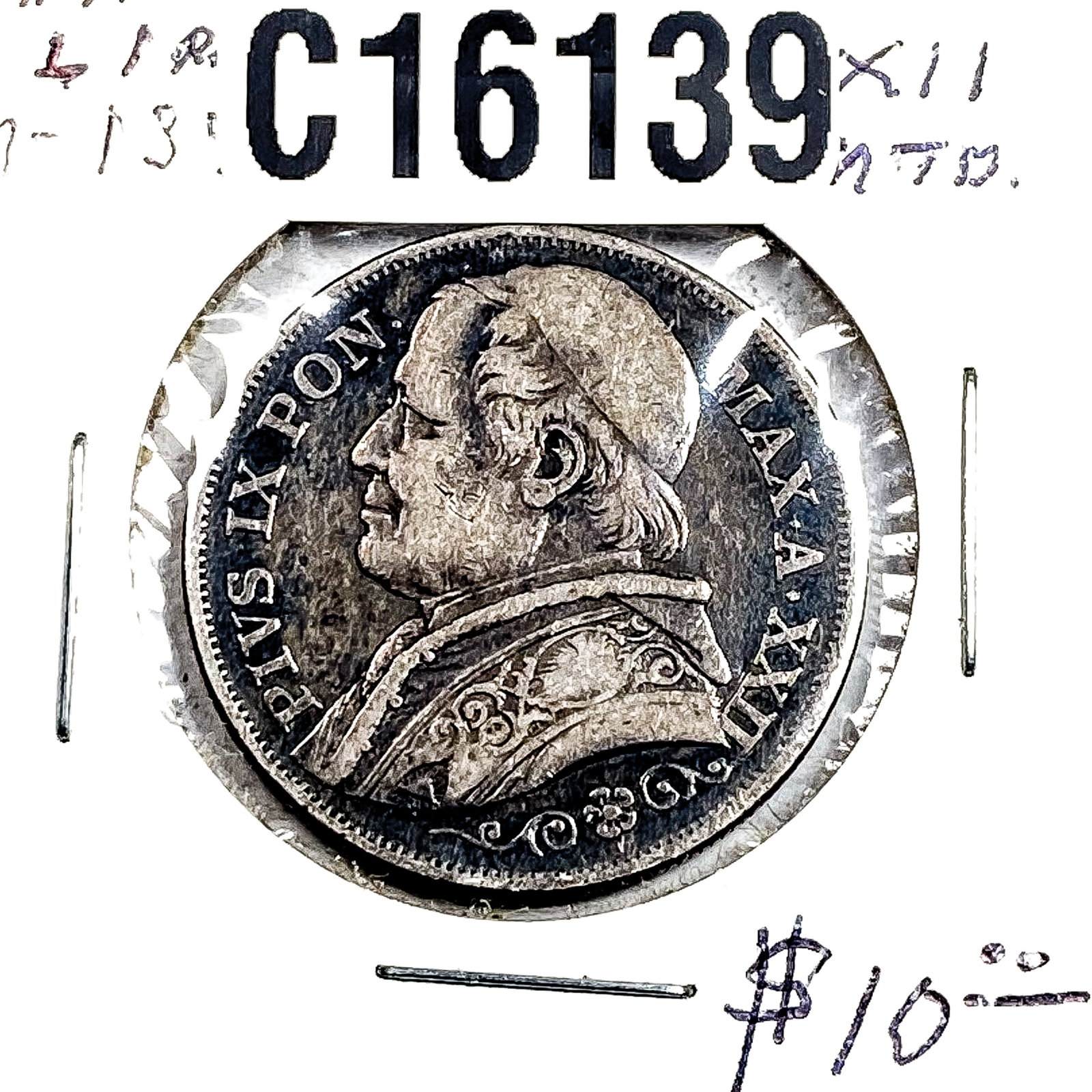 1867-R Silver Papal States 2 Lira XF: 1867-R Silver Papal States 2 Lira XF
