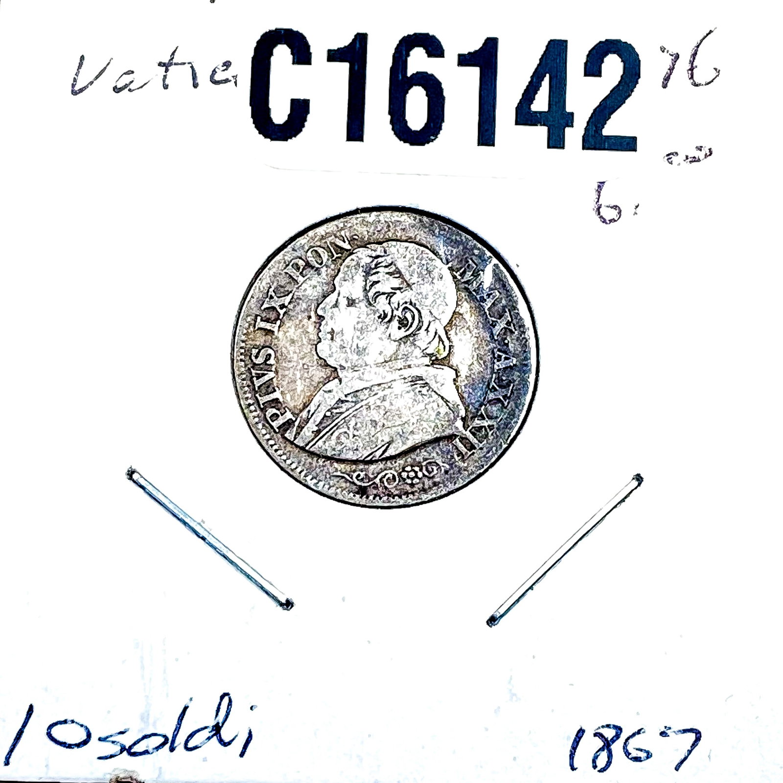 1867-R Silver Papal States 10 Soldi VF: 1867-R Silver Papal States 10 Soldi VF