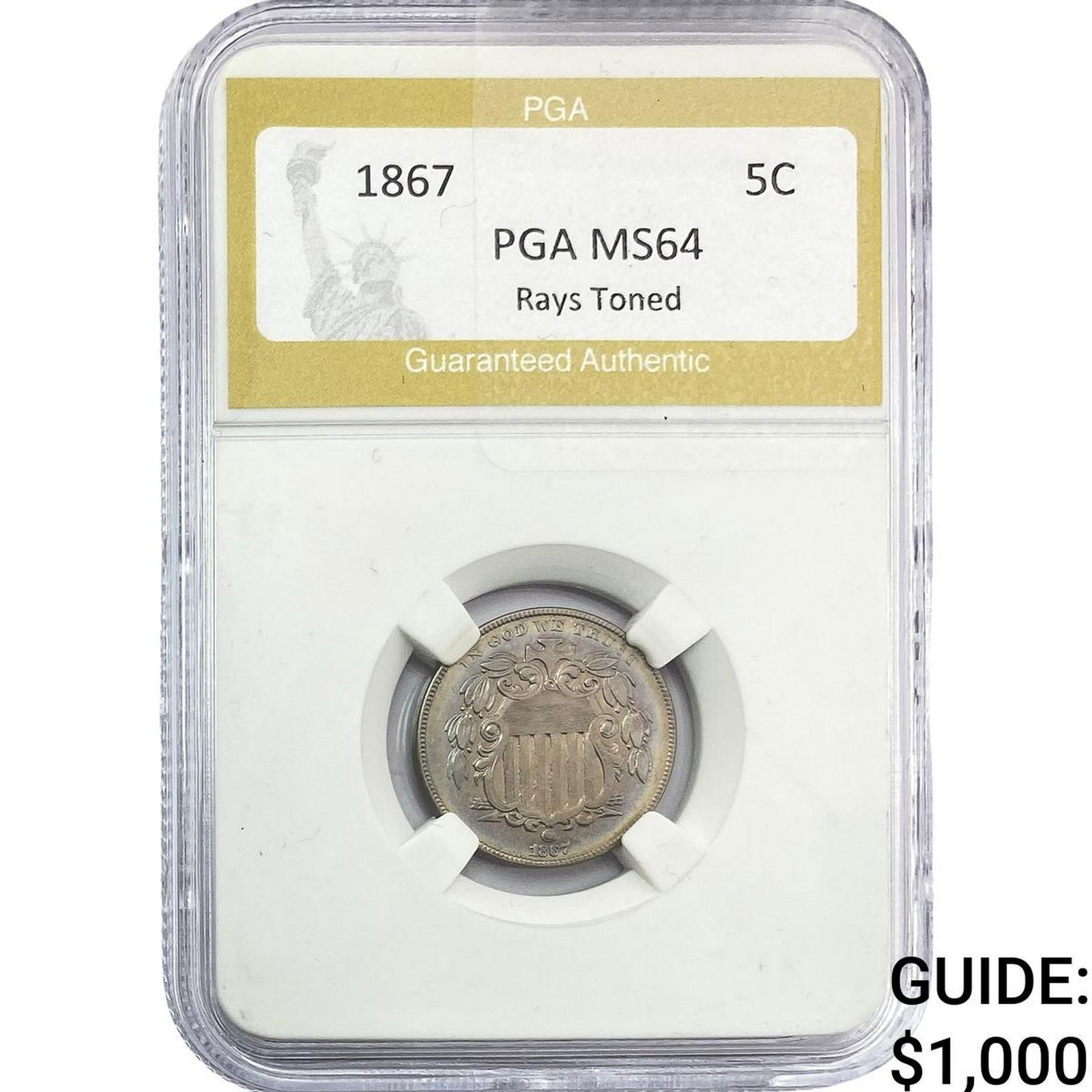 1867 Shield Nickel PGA MS64 Rays Toned (1 of 2)