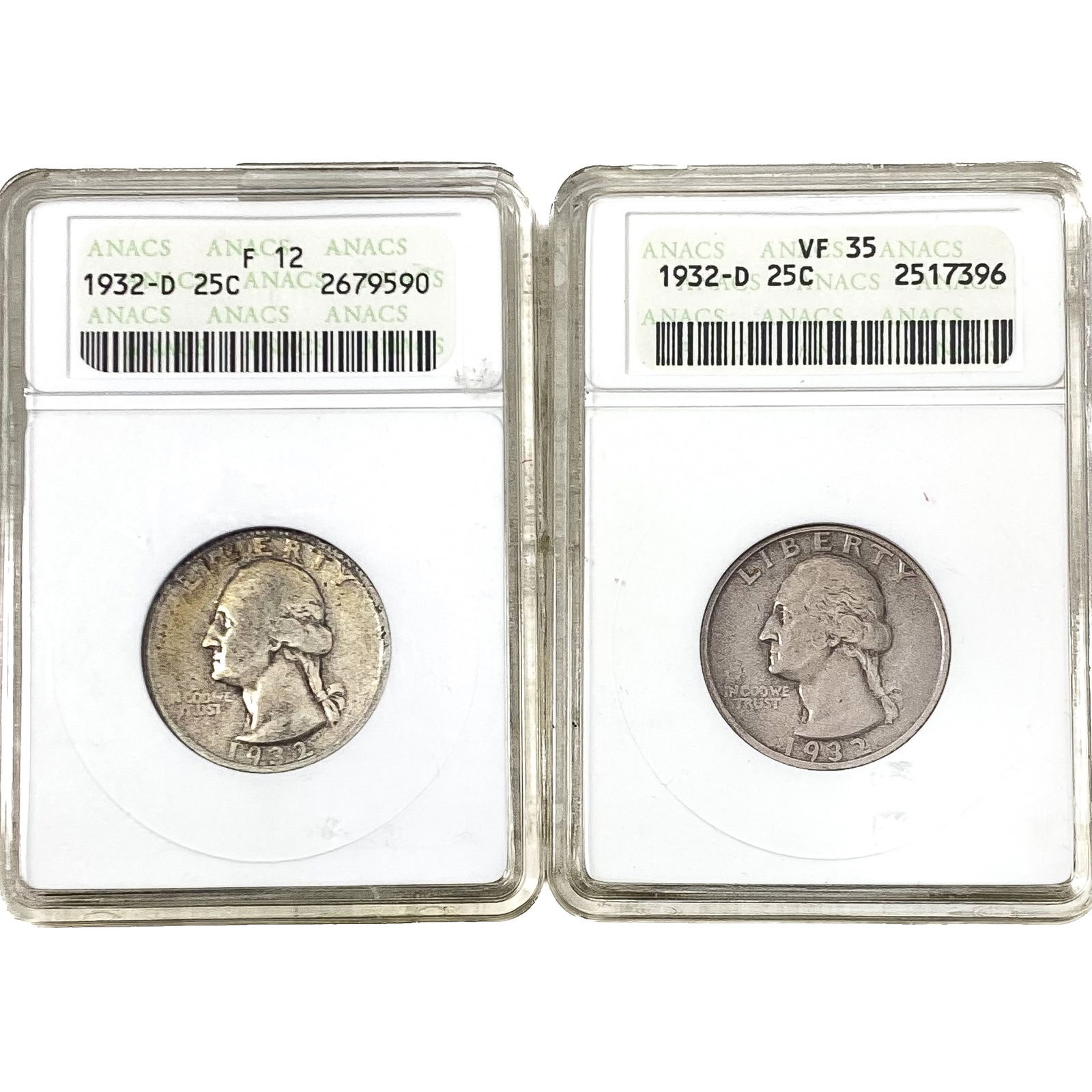 [2 Coins] 1932-D Washington Silver Quarter ANACS F12/VF35 (1 of 2)