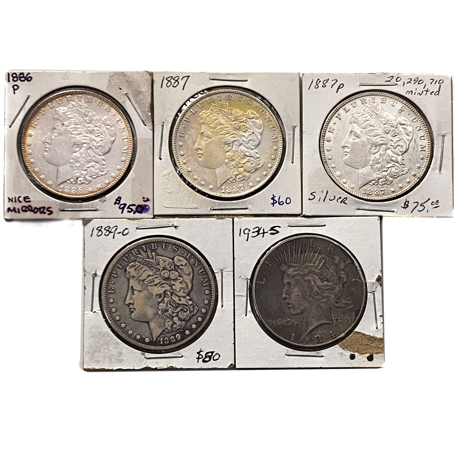 [5 Coins] 1886-1934 Silver Dollar Lot: [5 Coins] 1886-1934 Silver Dollar Lot