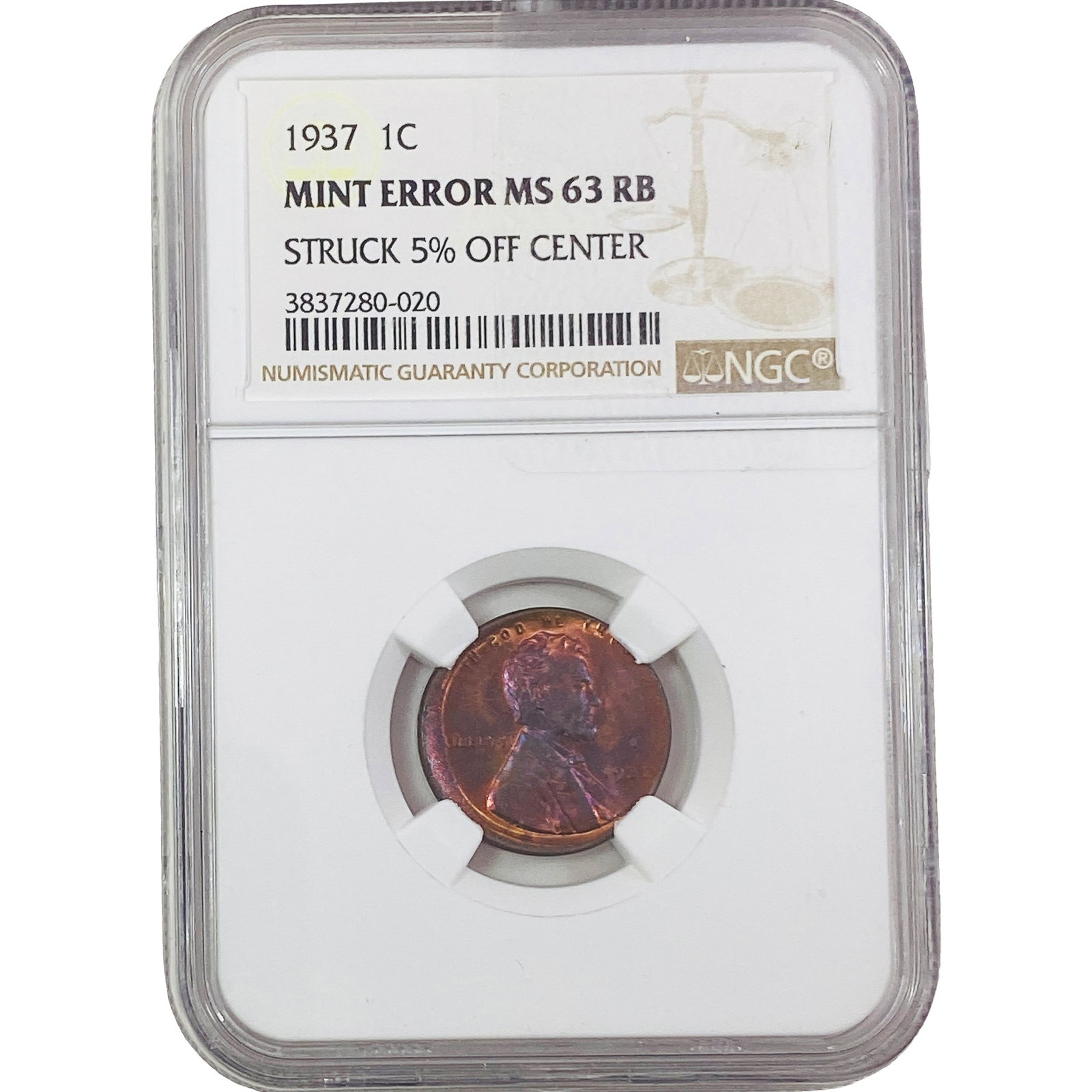 1937 Wheat Cent NGC MS63 RB Struck 5% Off Center: 1937 Wheat Cent NGC MS63 RB Struck 5% Off Center