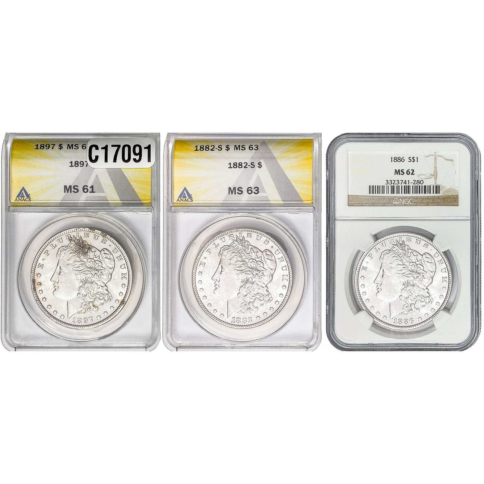 [3 Coins] 1882-1897 Morgan Silver Dollar ANACS/NGC MS61--63: [3 Coins] 1882-1897 Morgan Silver Dollar ANACS/NGC MS61--63