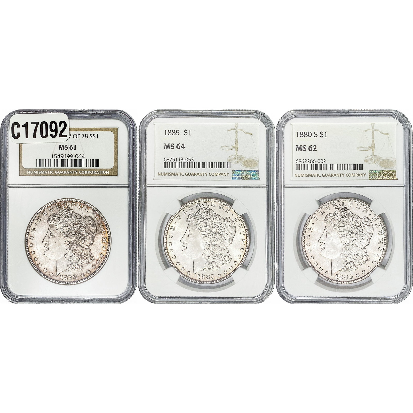 [3 Coins] 1878-1885 Morgan Silver Dollar NGC MS61-64: [3 Coins] 1878-1885 Morgan Silver Dollar NGC MS61-64