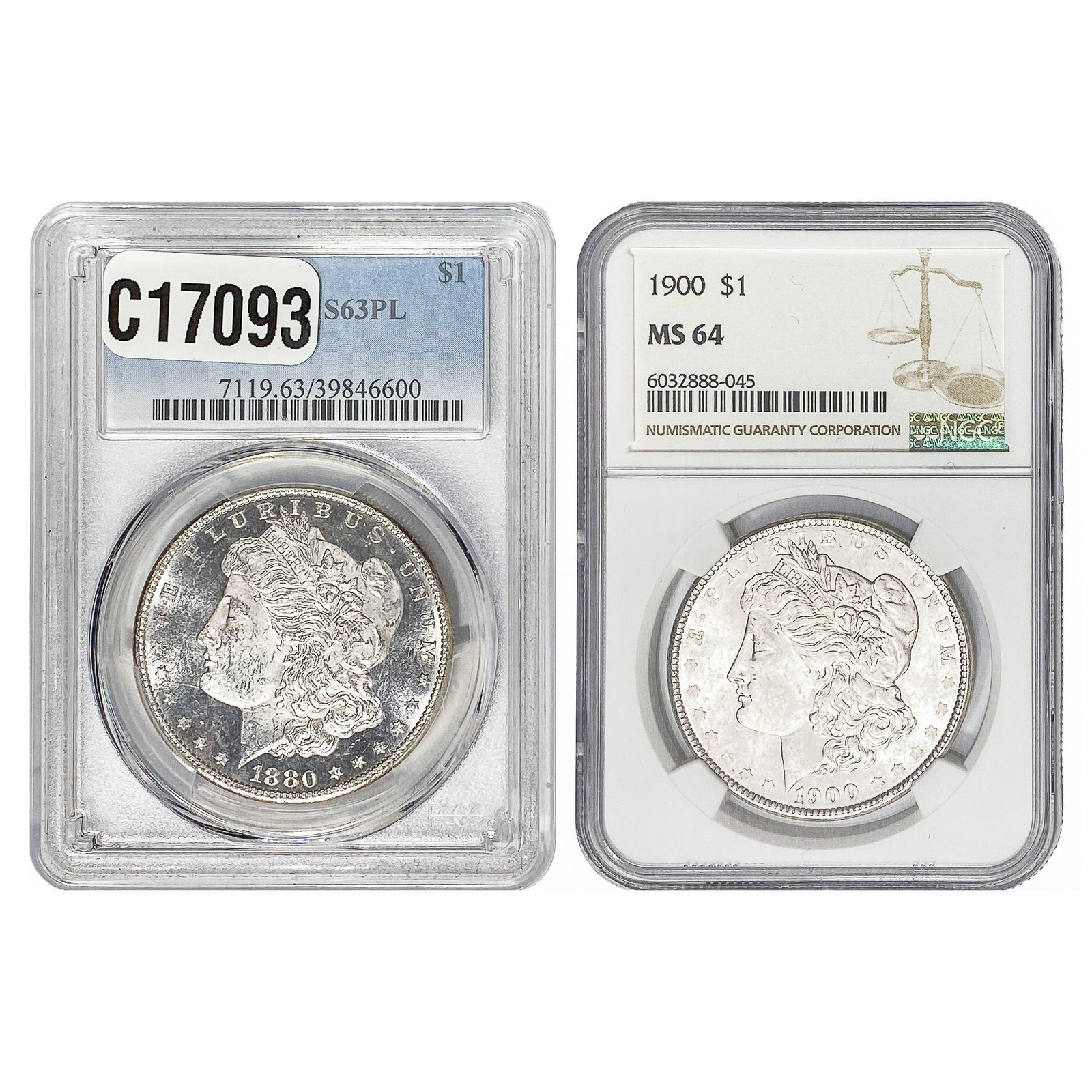 [2 Coins] 1880-1900 Morgan Silver Dollar PCGS/NGC MS63-64: [2 Coins] 1880-1900 Morgan Silver Dollar PCGS/NGC MS63-64