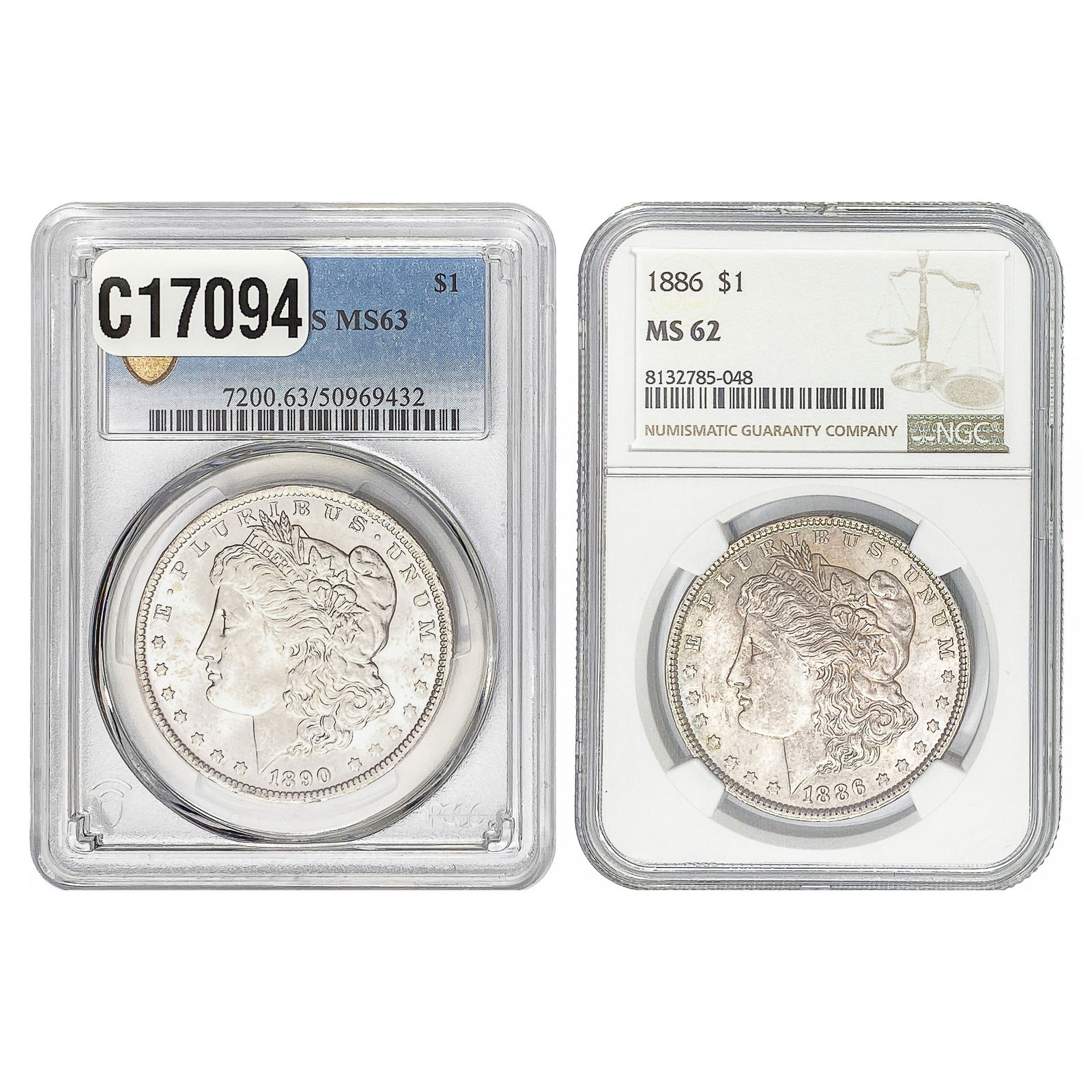 [2 Coins] 1886-1890 Morgan Silver Dollar PCGS/NGC MS62-63: [2 Coins] 1886-1890 Morgan Silver Dollar PCGS/NGC MS62-63