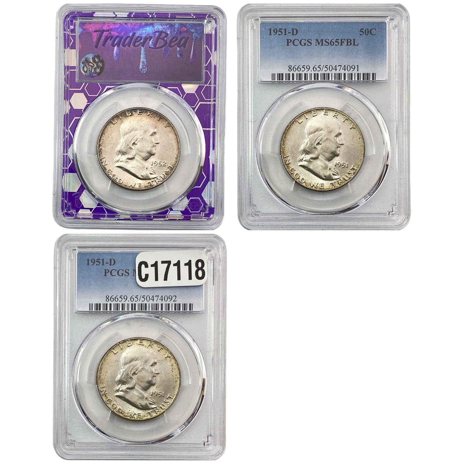 [3 Coins] 1951-1952 Franklin Half Dollar PCGS MS65 FBL: [3 Coins] 1951-1952 Franklin Half Dollar PCGS MS65 FBL
