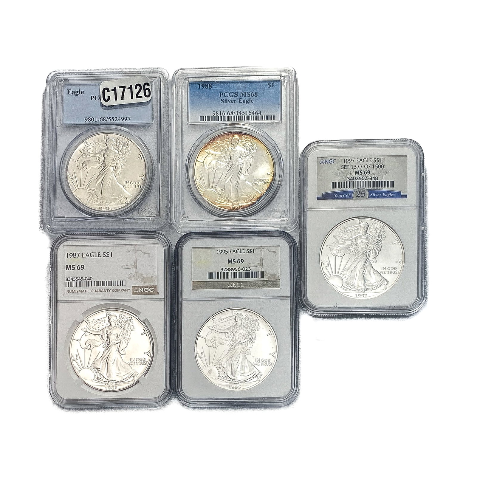 [5 Coins] 1986-1997 Silver Eagle PCGS/NGC MS68-69: [5 Coins] 1986-1997 Silver Eagle PCGS/NGC MS68-69