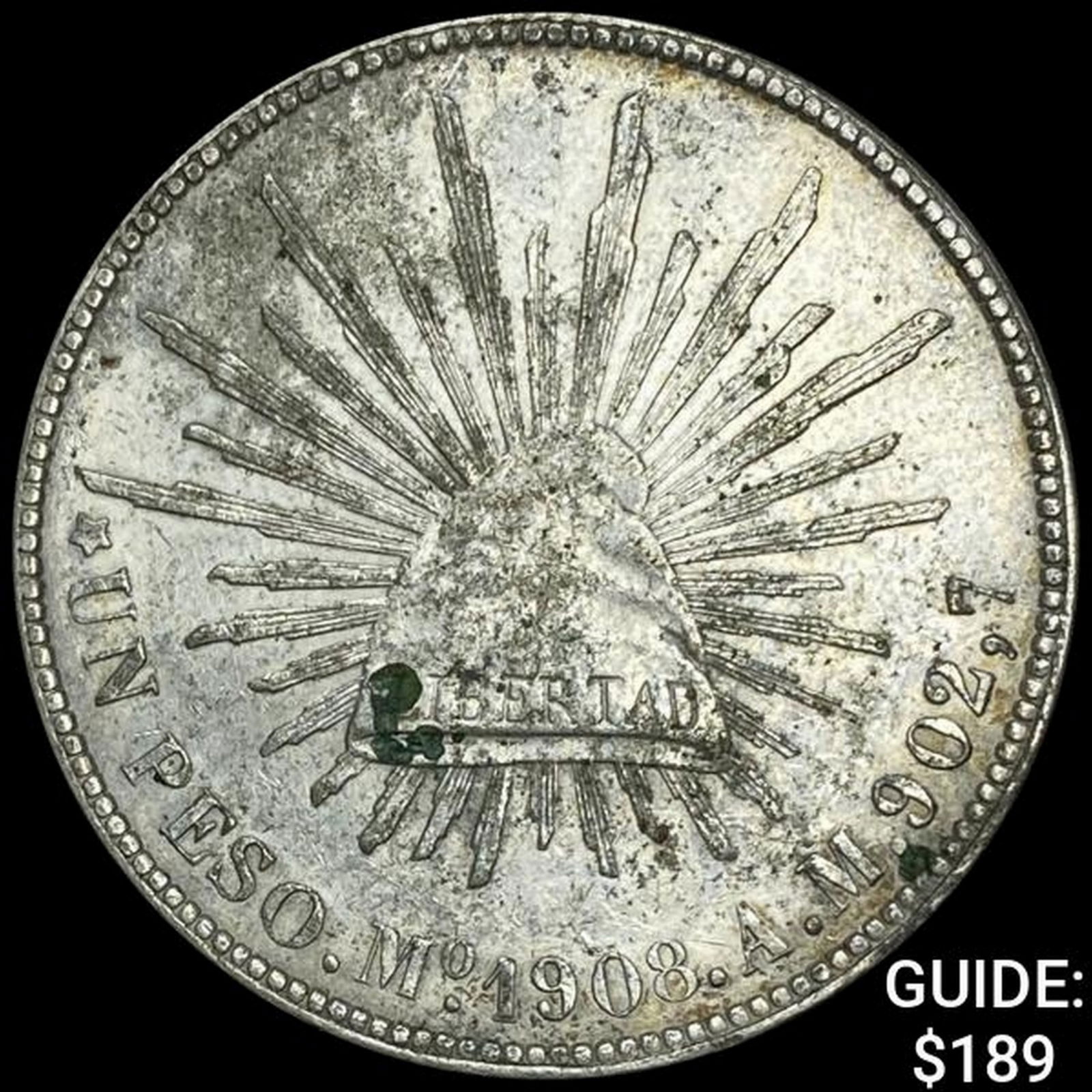 1908Mo AM Mexico Silver Peso NEARLY UNCIRCULATED (1 of 2)