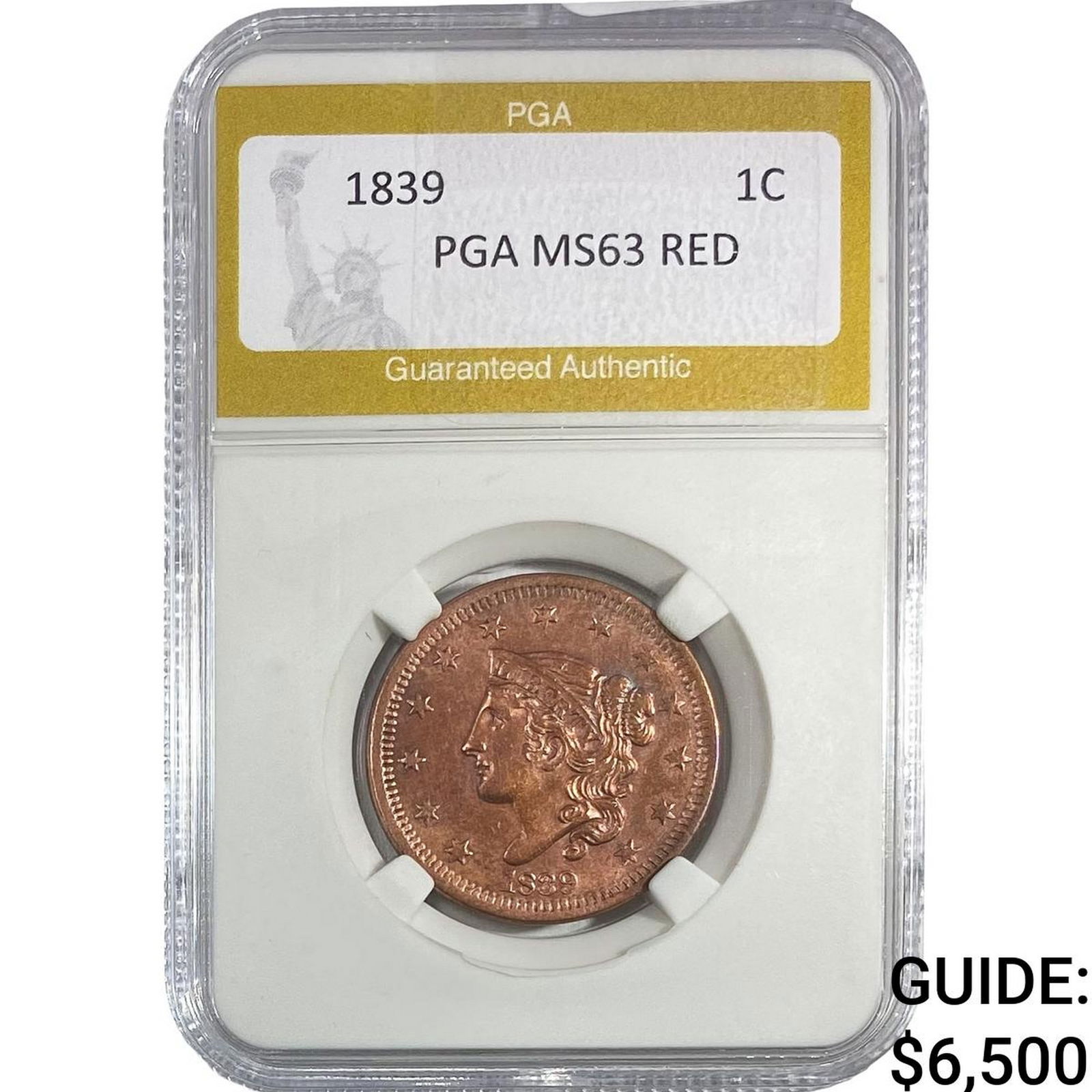 1839 Coronet Head Large Cent PGA MS63 RED (1 of 2)