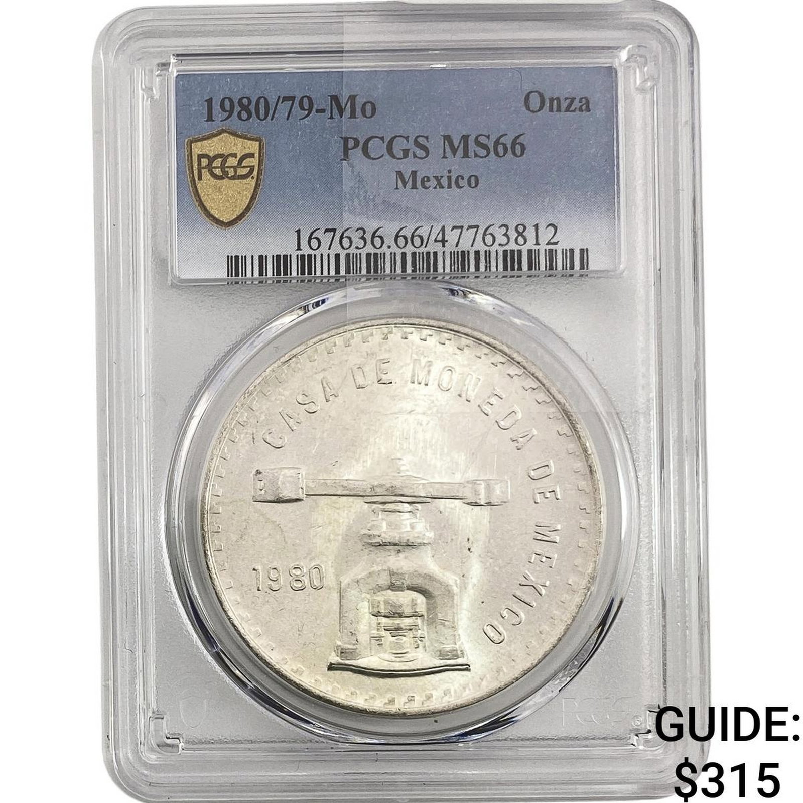 1980/79-Mo Una Onza Troy De Plata Pura Mexico PCGS MS66: 1980/79-Mo Una Onza Troy De Plata Pura Mexico PCGS MS66
