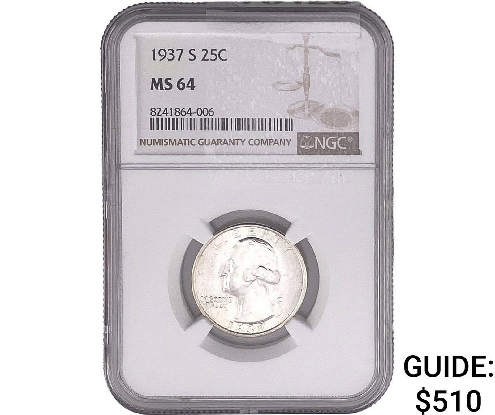 1937-S Washington Silver Quarter NGC MS64: 1937-S Washington Silver Quarter NGC MS64