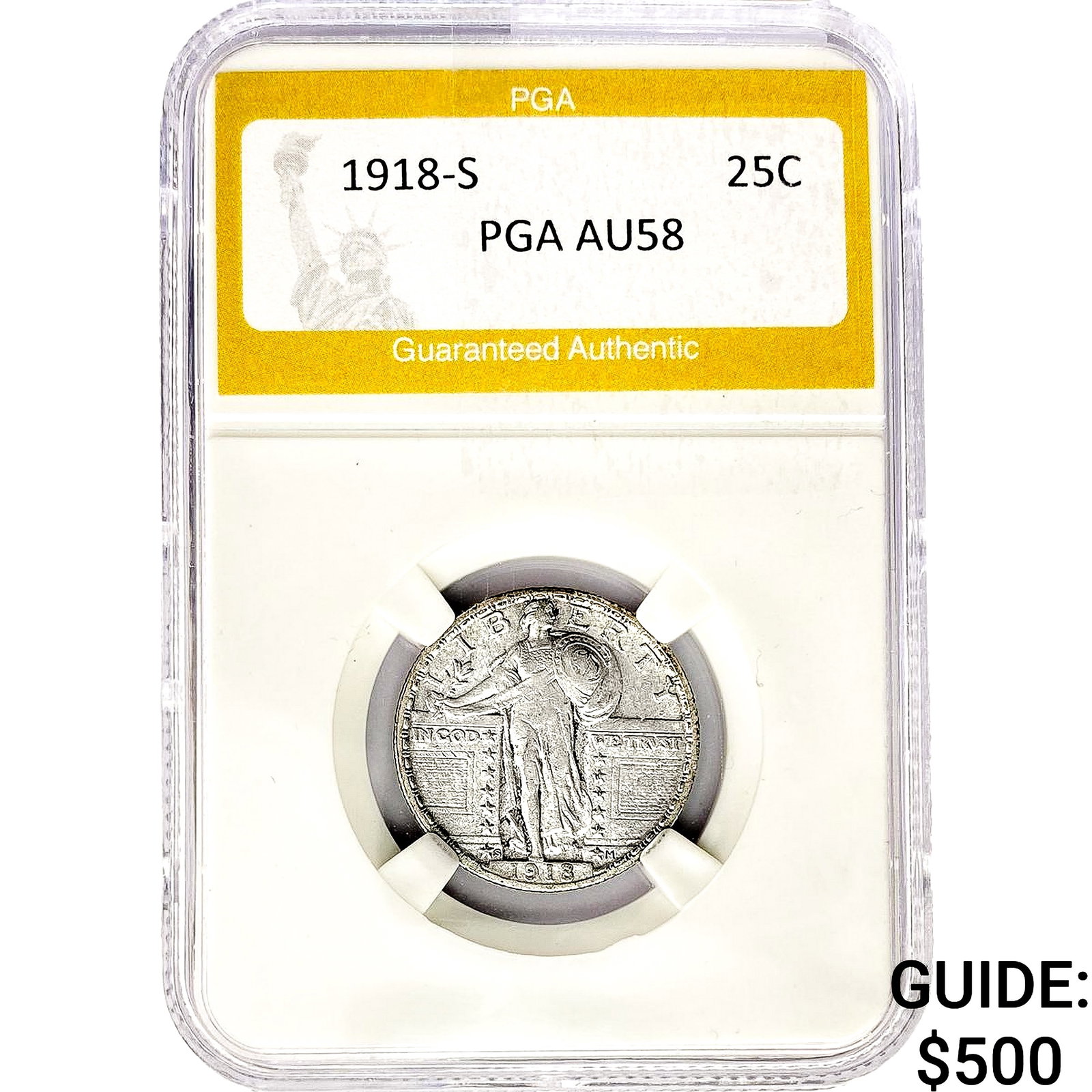 1918-S Standing Liberty Quarter PGA AU58: 1918-S Standing Liberty Quarter PGA AU58