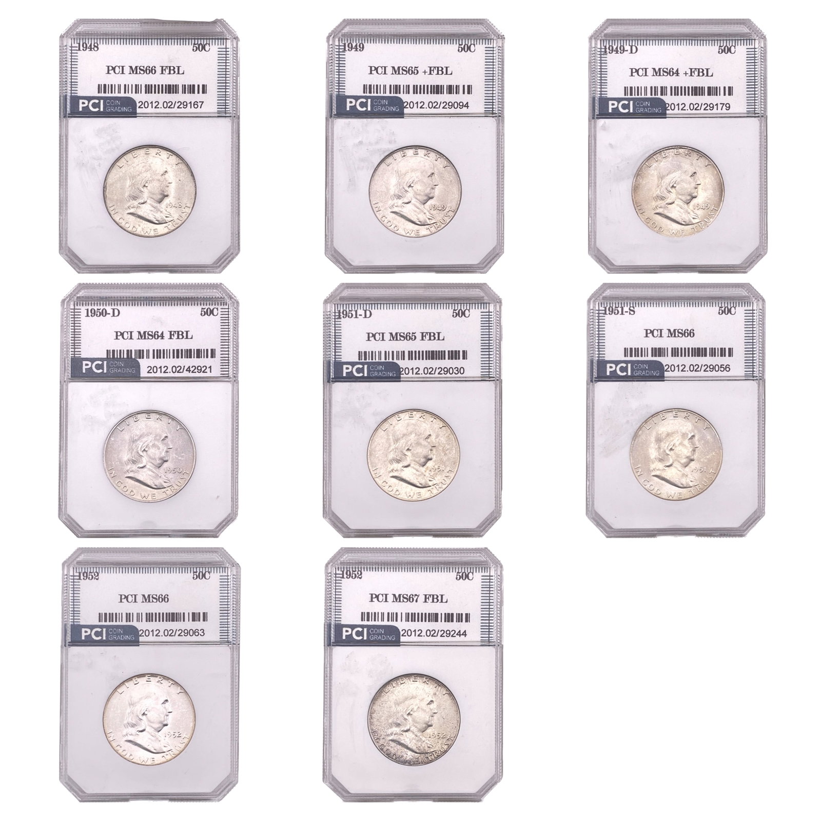[8 Coins]1948-1952 Franklin Half Dollar PCI MS64-67 FBL: [8 Coins]1948-1952 Franklin Half Dollar PCI MS64-67 FBL
