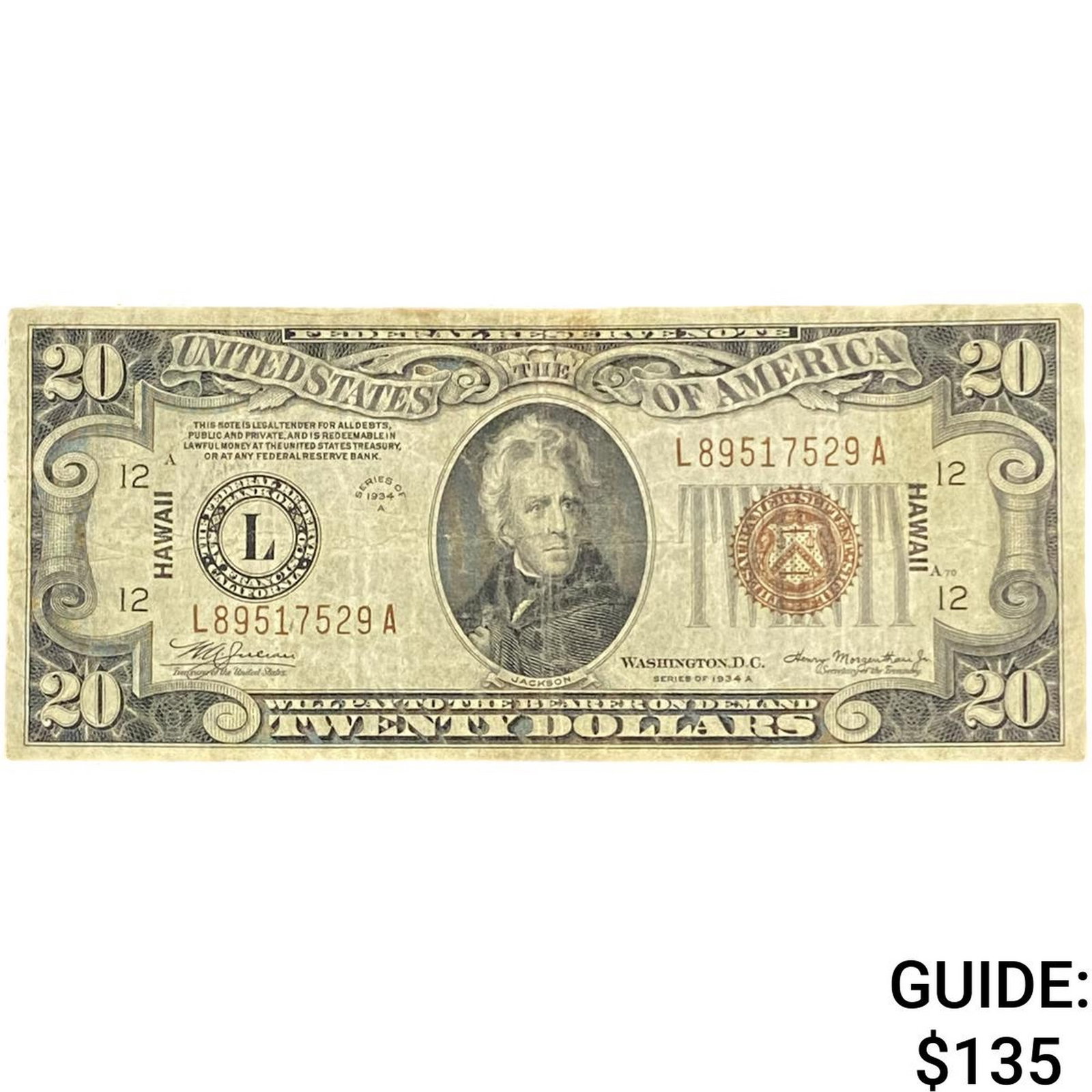 1934-A $20 Federal Reserve Note Hawaii: 1934-A $20 Federal Reserve Note Hawaii