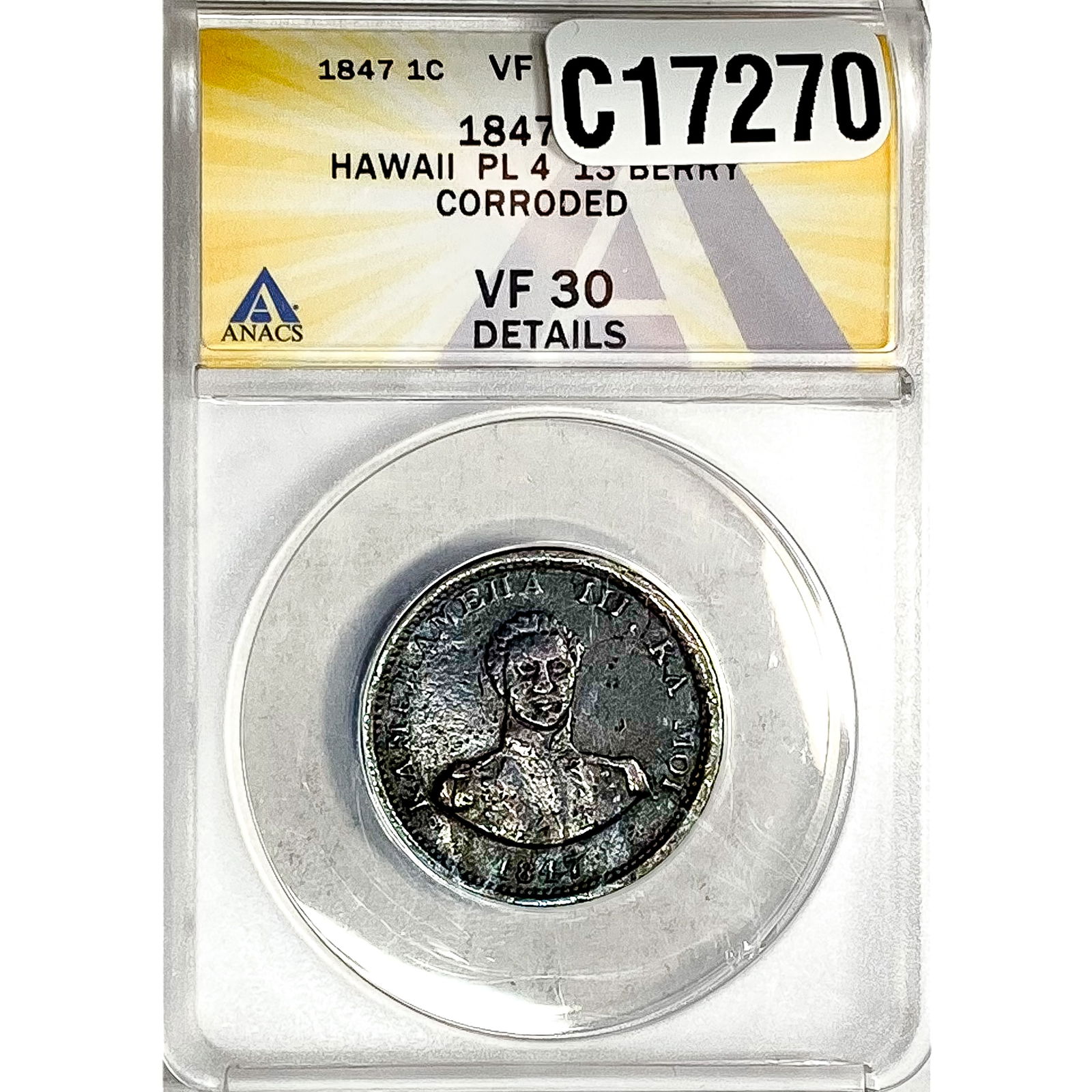 1847 Hapa Haneri Large Cent ANACS VF30 Detail (1 of 2)