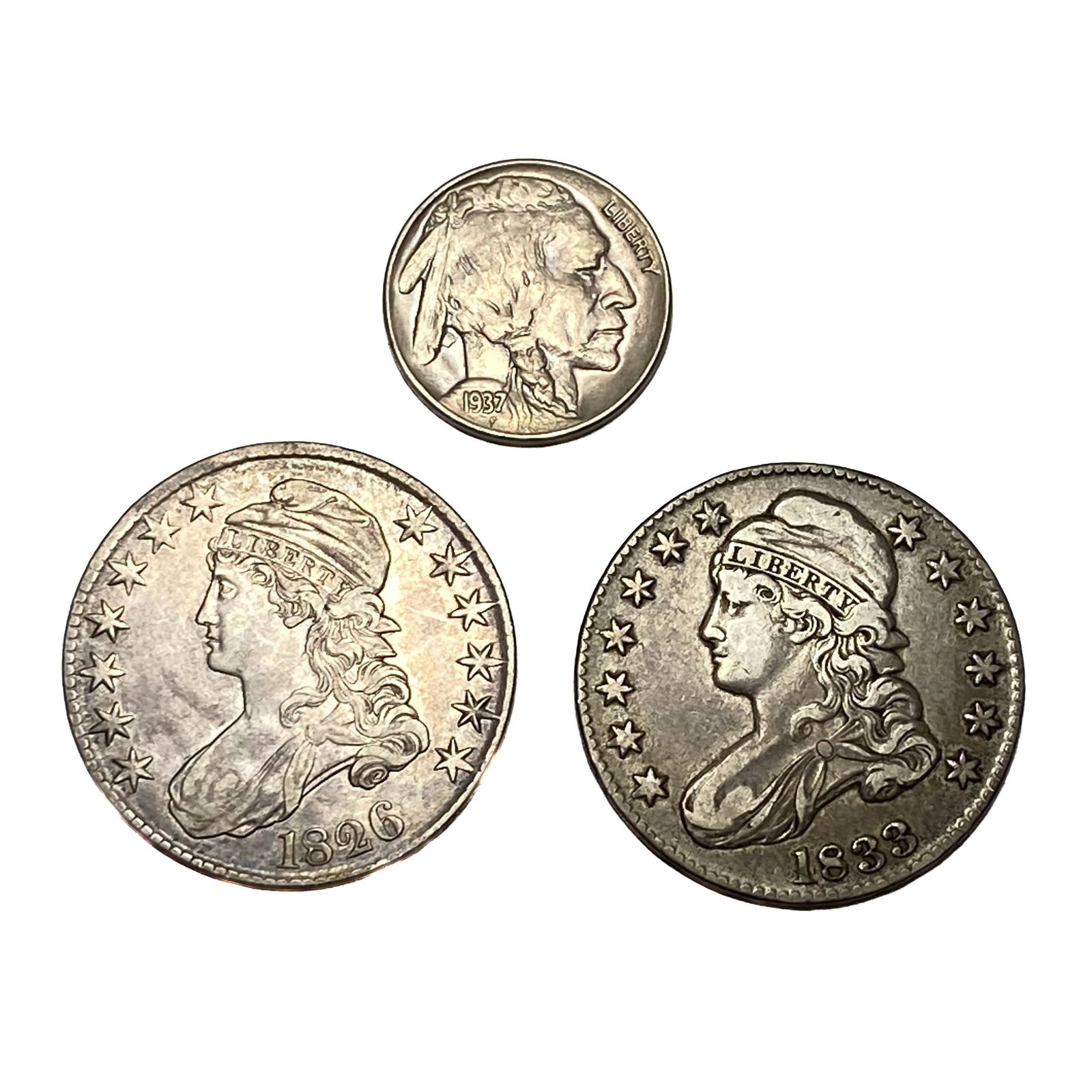 [3 Coins] 1826-1937 Buffalo Nickel & Capped Bust Half Dollars (1 of 2)