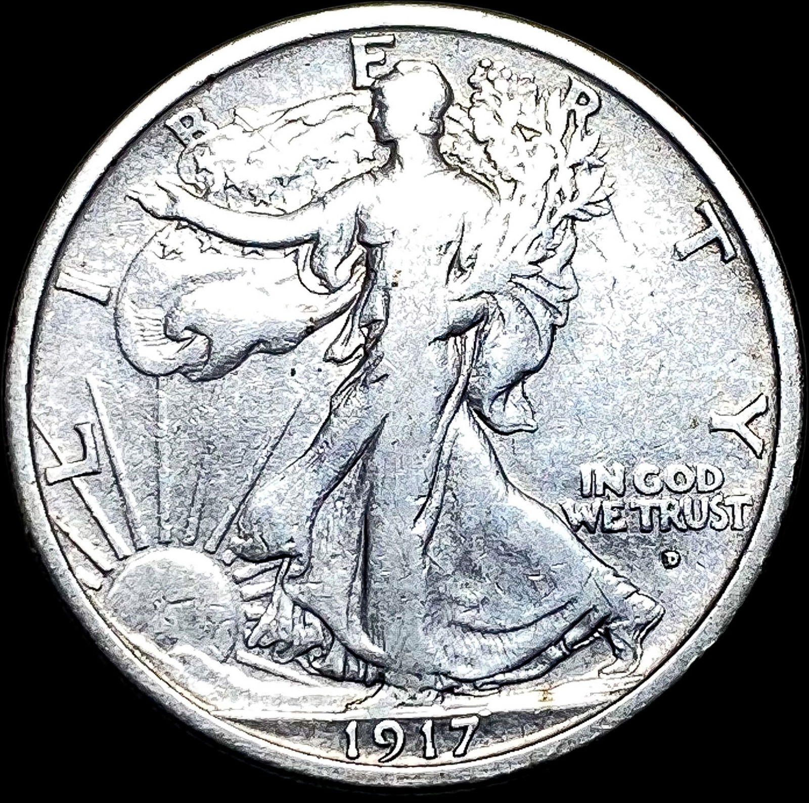 1917-D Silver Walking Liberty Half Dollar  LIGHTLY CIRCULATED (1 of 2)