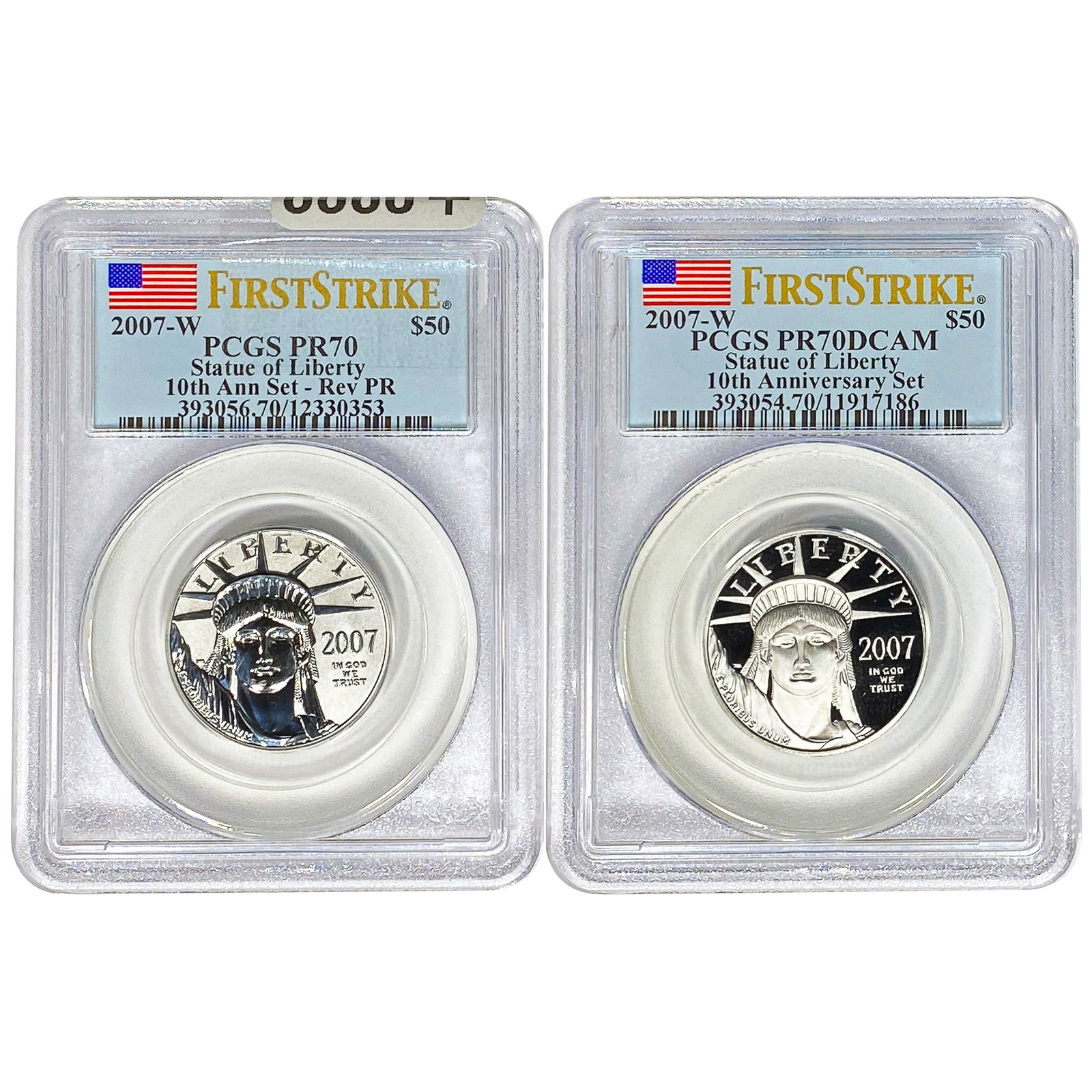 [2 Coins] 2007-W $50 Platnium Satue of Liberty 1/4 oz PCGS PR70 DCAM (1 of 2)