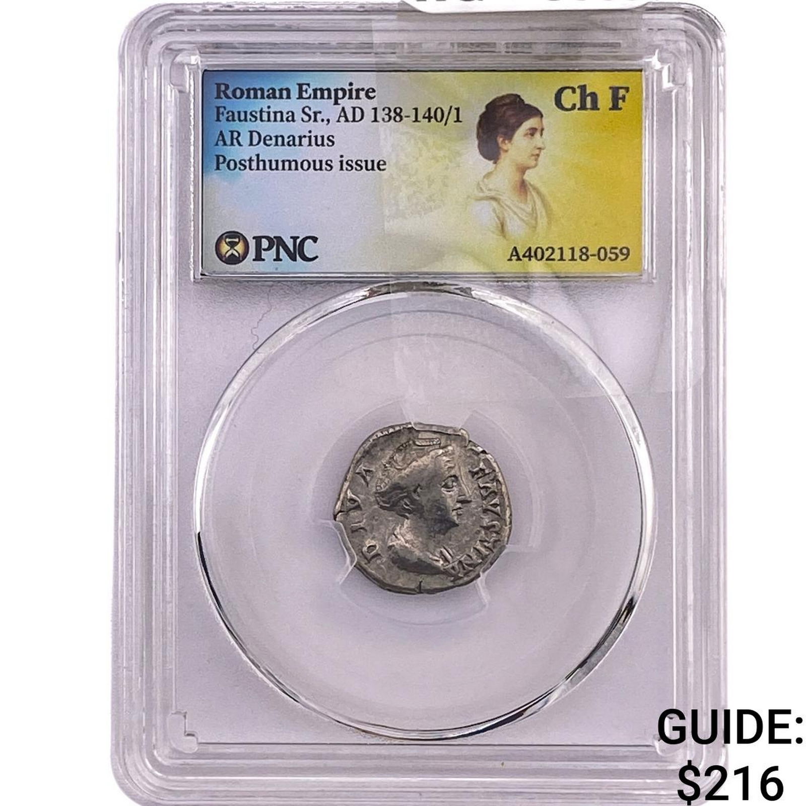 Roman Faustina Sr.,AD 138-140/1 AR Denarius PNC ChF (1 of 2)