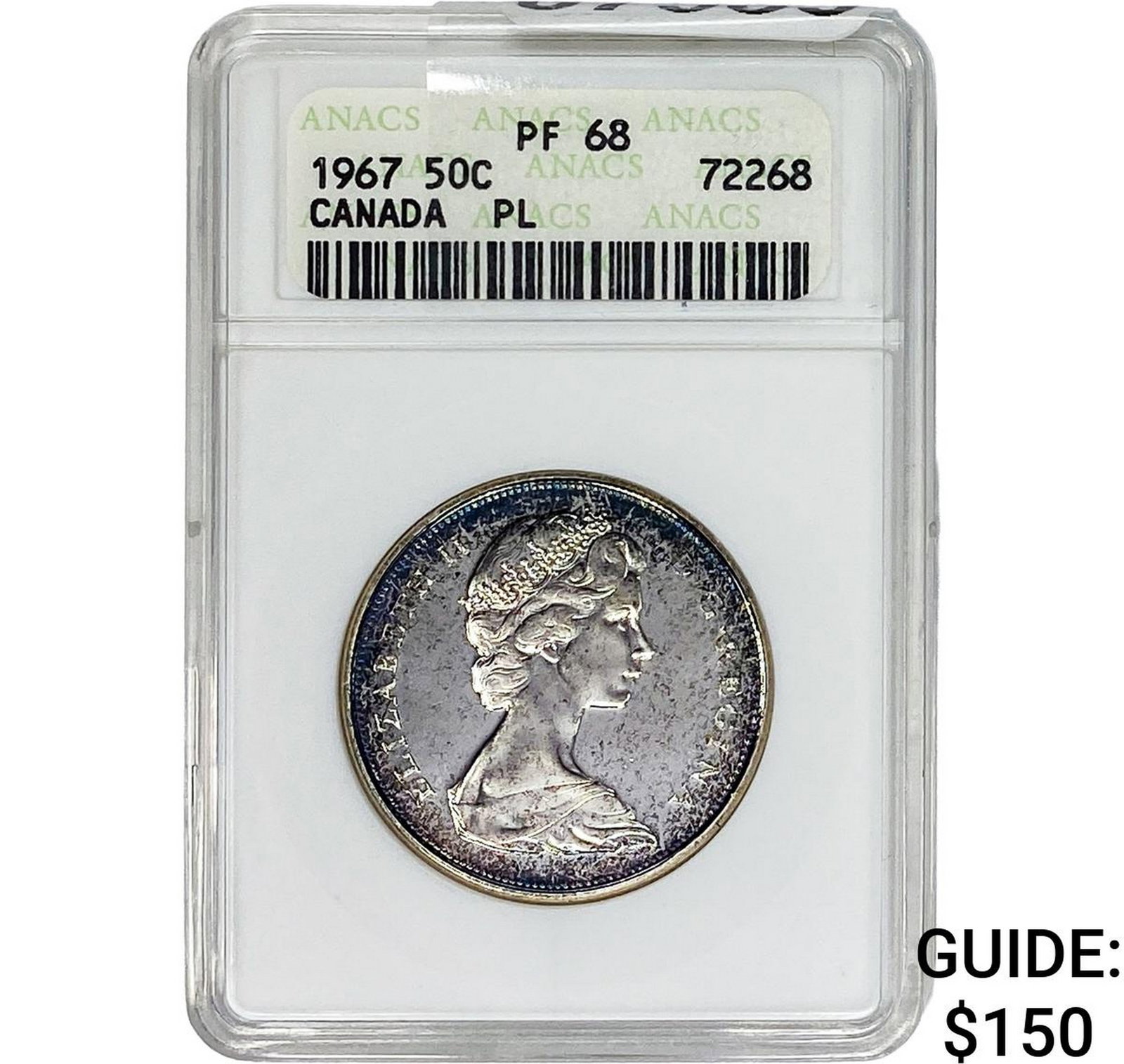 1967 Canada Elizabeth II SIlver 50 Cents ANACS PF68 PL: 1967 Canada Elizabeth II SIlver 50 Cents ANACS PF68 PL