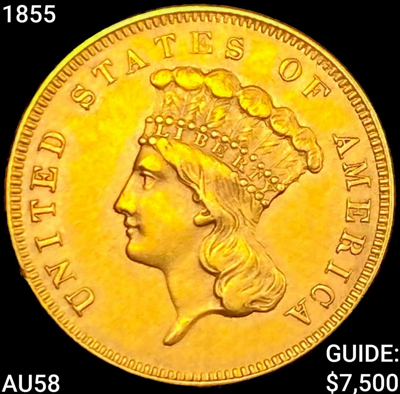 1855 $3 Gold Piece CHOICE AU (1 of 2)