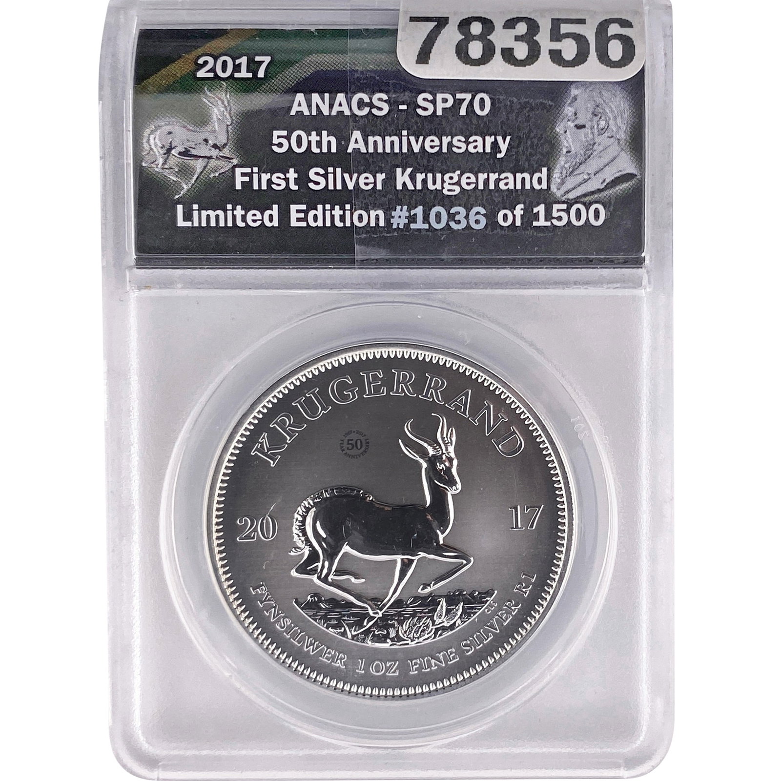 2017 South Africa 1oz SIlver 1 Krugerrand 50th Anniv. ANACS SP70: 2017 South Africa 1oz SIlver 1 Krugerrand 50th Anniv. ANACS SP70