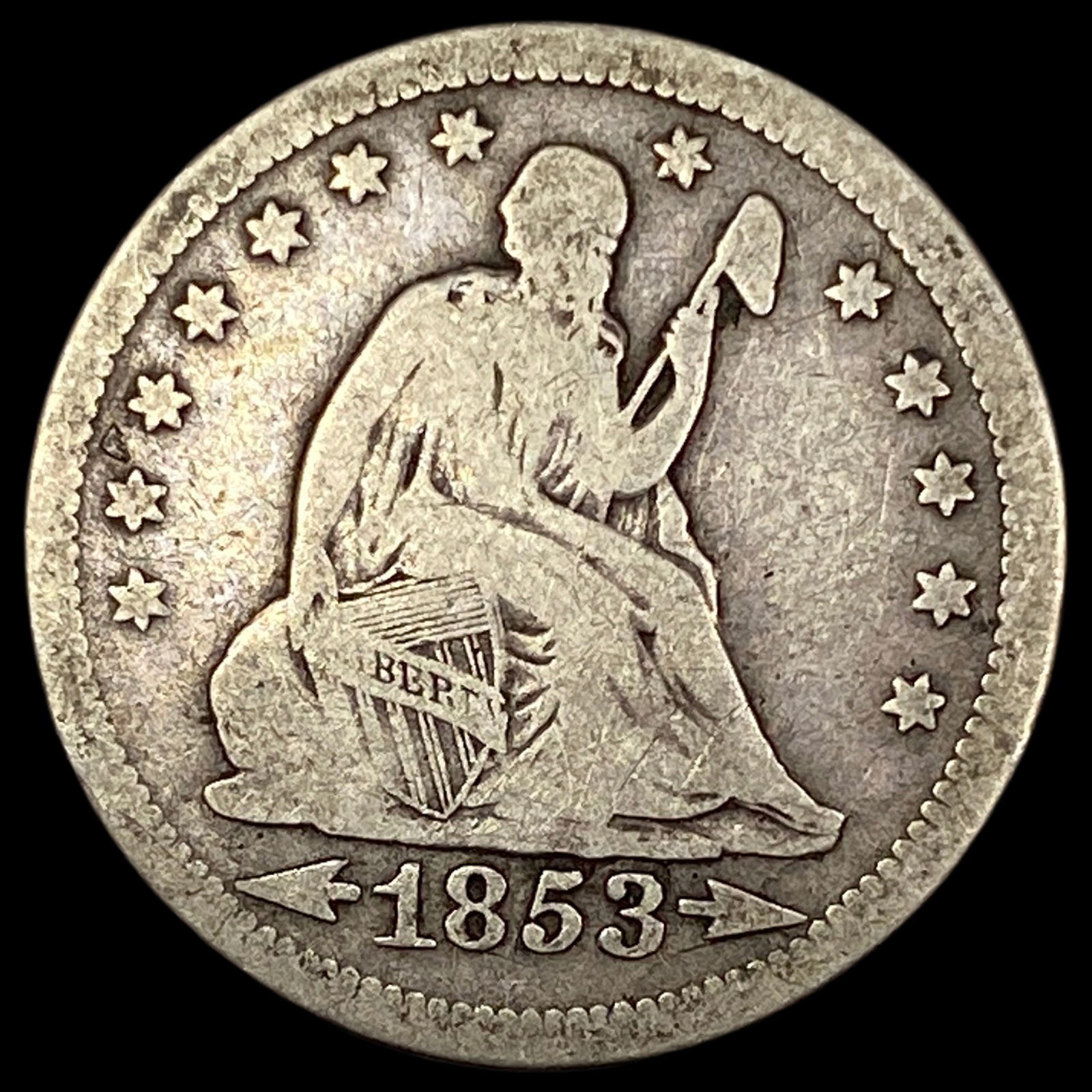 1853 Arrows/Rays Seated Liberty Quarter LIGHTLY CIRCULATED (1 of 2)