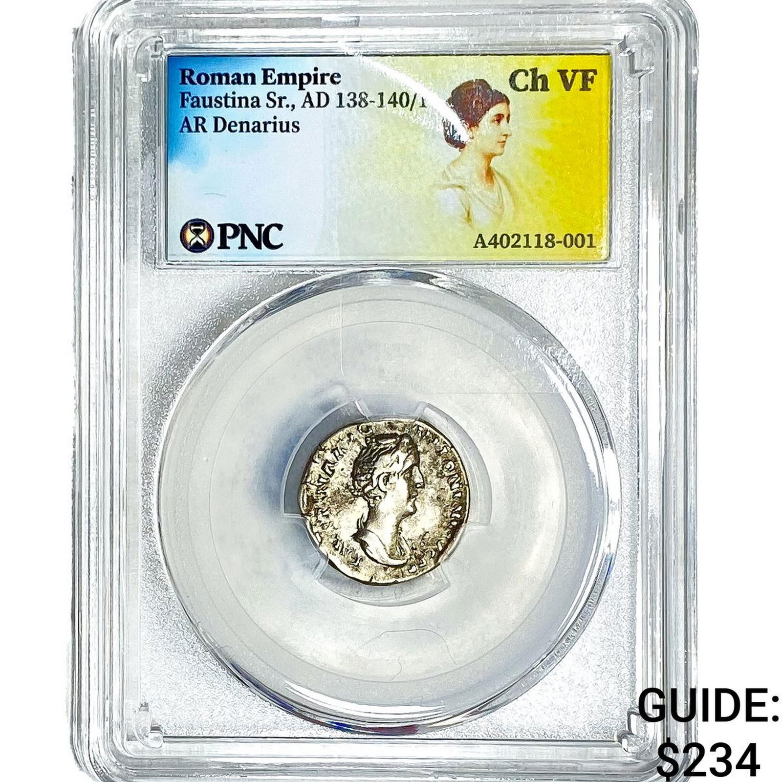 Roman Faustina Sr.,AD 138-140/1 AR Denarius PNC ChVF (1 of 2)