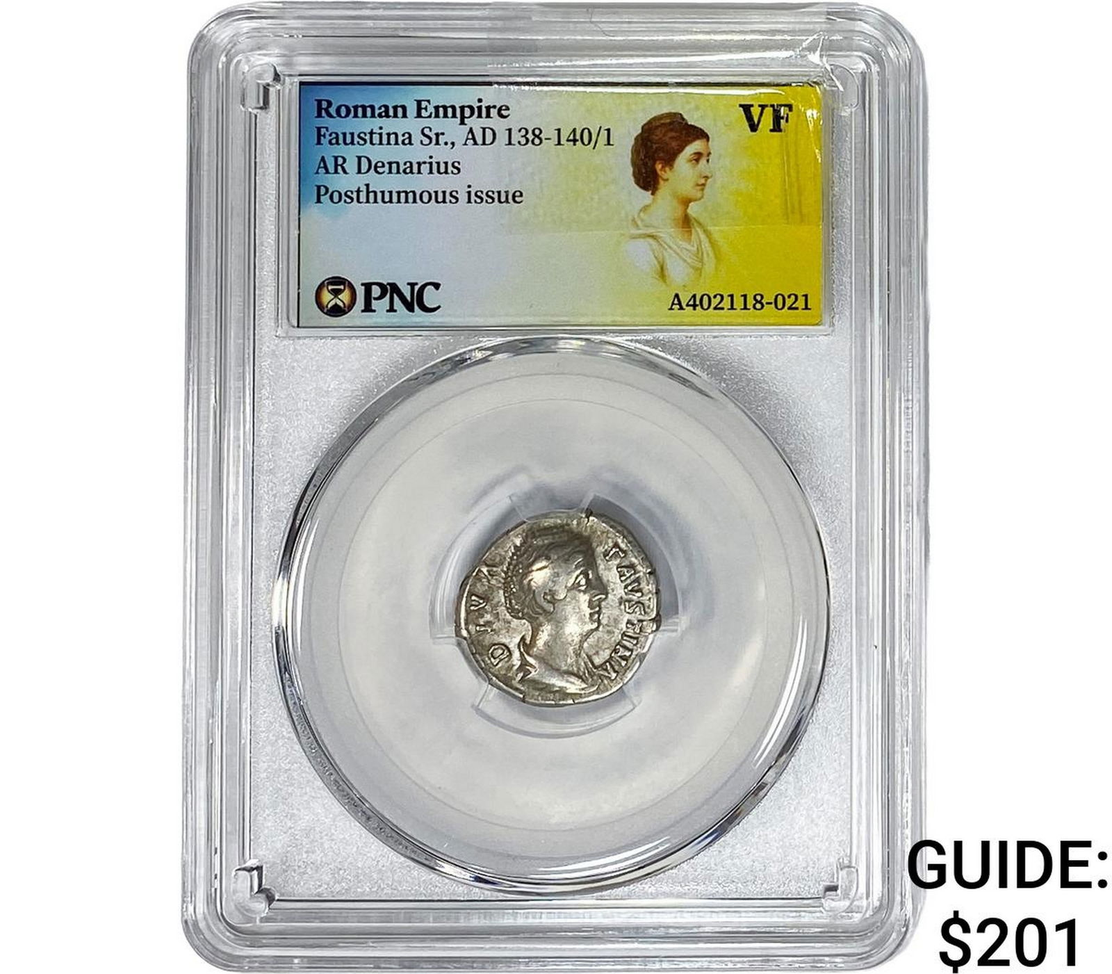 Roman Faustina Sr.,AD 138-140/1 AR Denarius PNC VF (1 of 2)