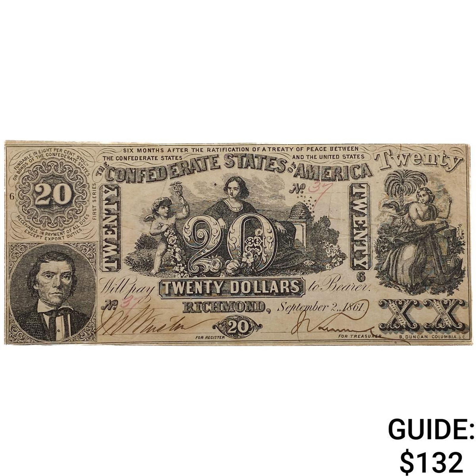 1861 $20 CSA Note-Richmond Low Serial 37 10 (1 of 2)