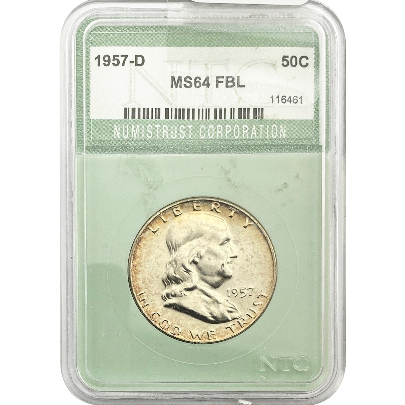 1957-D Franklin Half Dollar NTC MS64 FBL: 1957-D Franklin Half Dollar NTC MS64 FBL