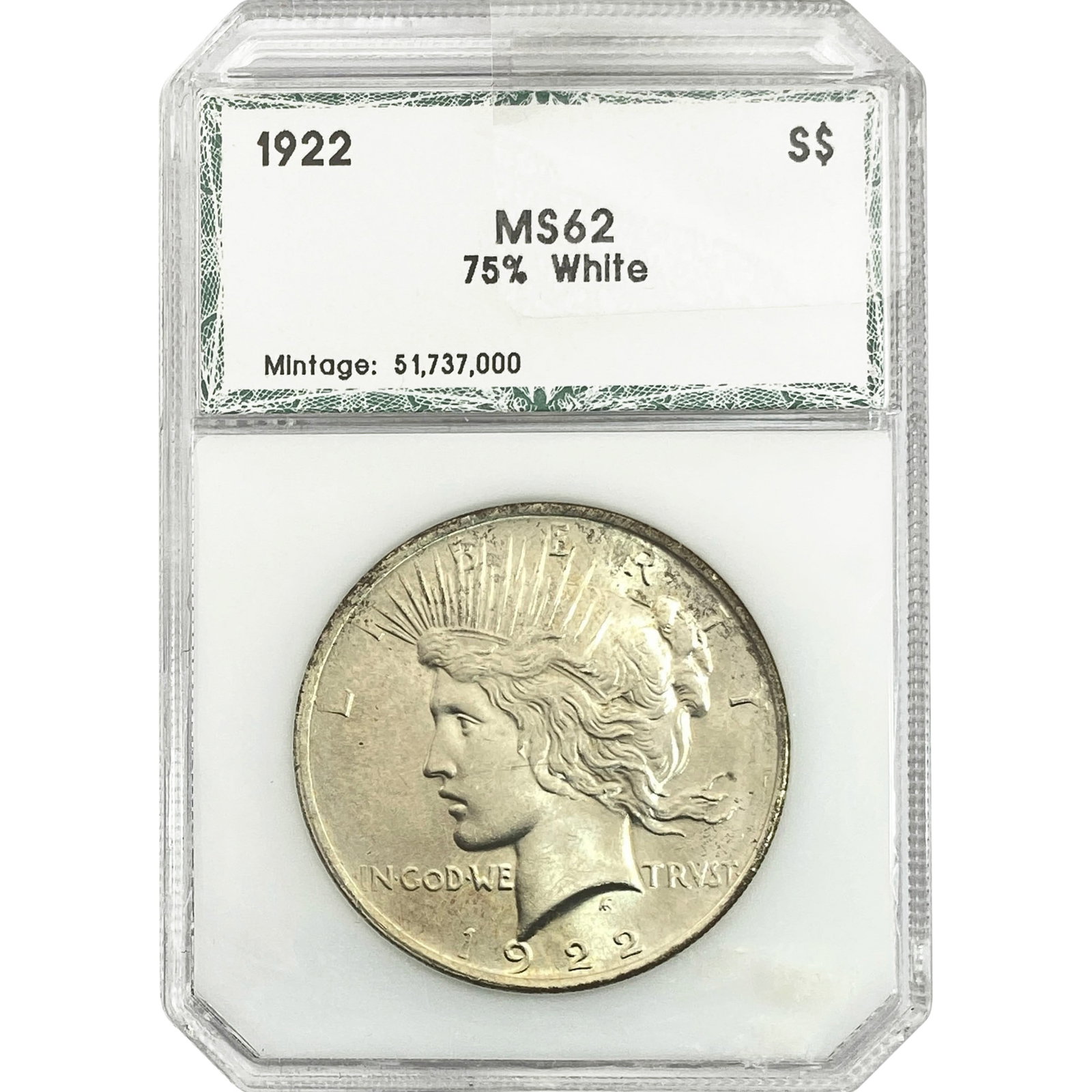 1922 Silver Peace Dollar PCI MS62 75% White: 1922 Silver Peace Dollar PCI MS62 75% White