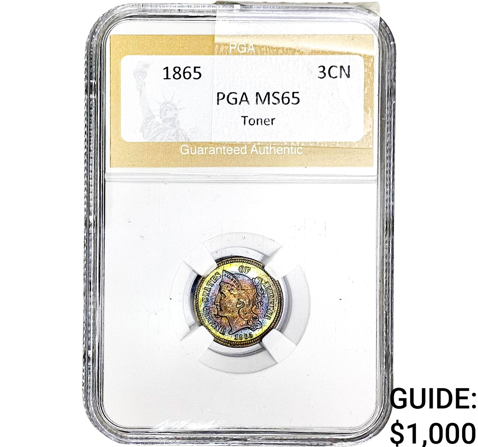 1865 Nickel Three Cent PGA MS65 Toner: 1865 Nickel Three Cent PGA MS65 Toner