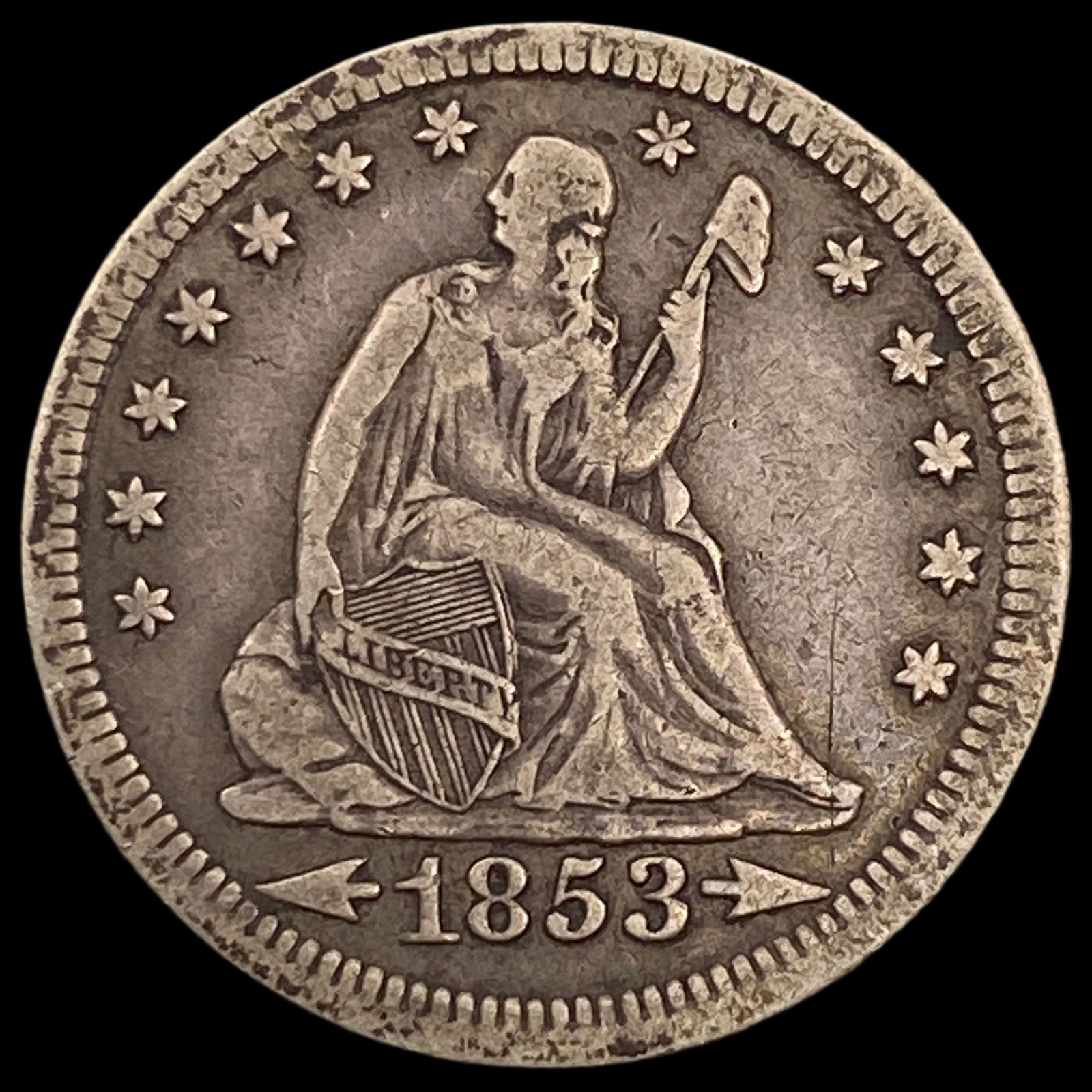 1853 Arrows/Rays Seated Liberty Quarter ABOUT UNCIRCULATED (1 of 2)