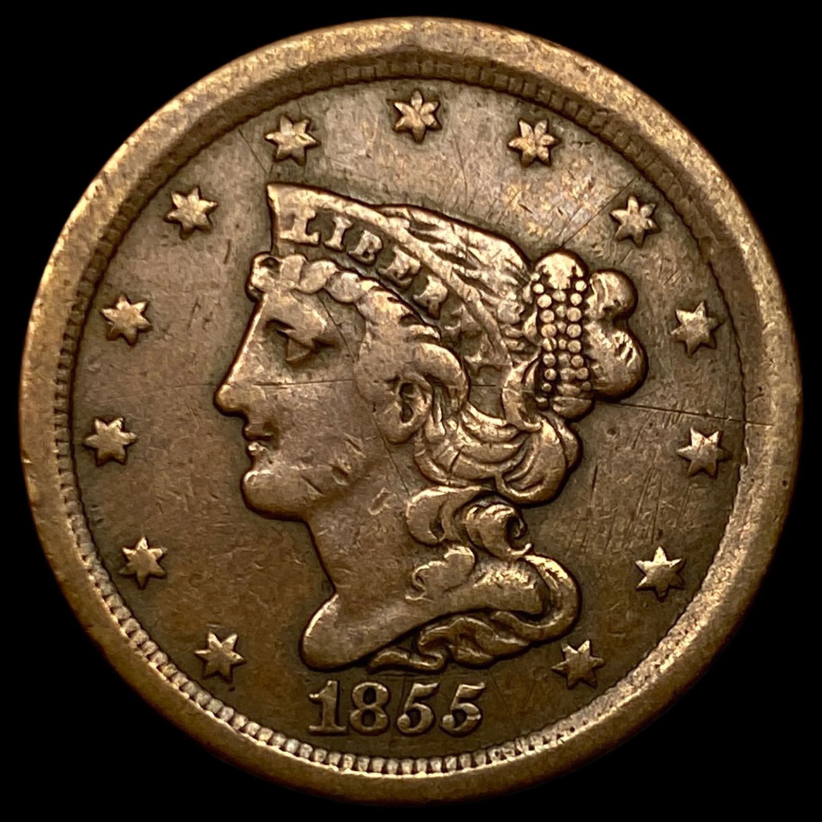 1855 Braided Hair Half Cent ABOUT  UNCIRCULATED (1 of 2)