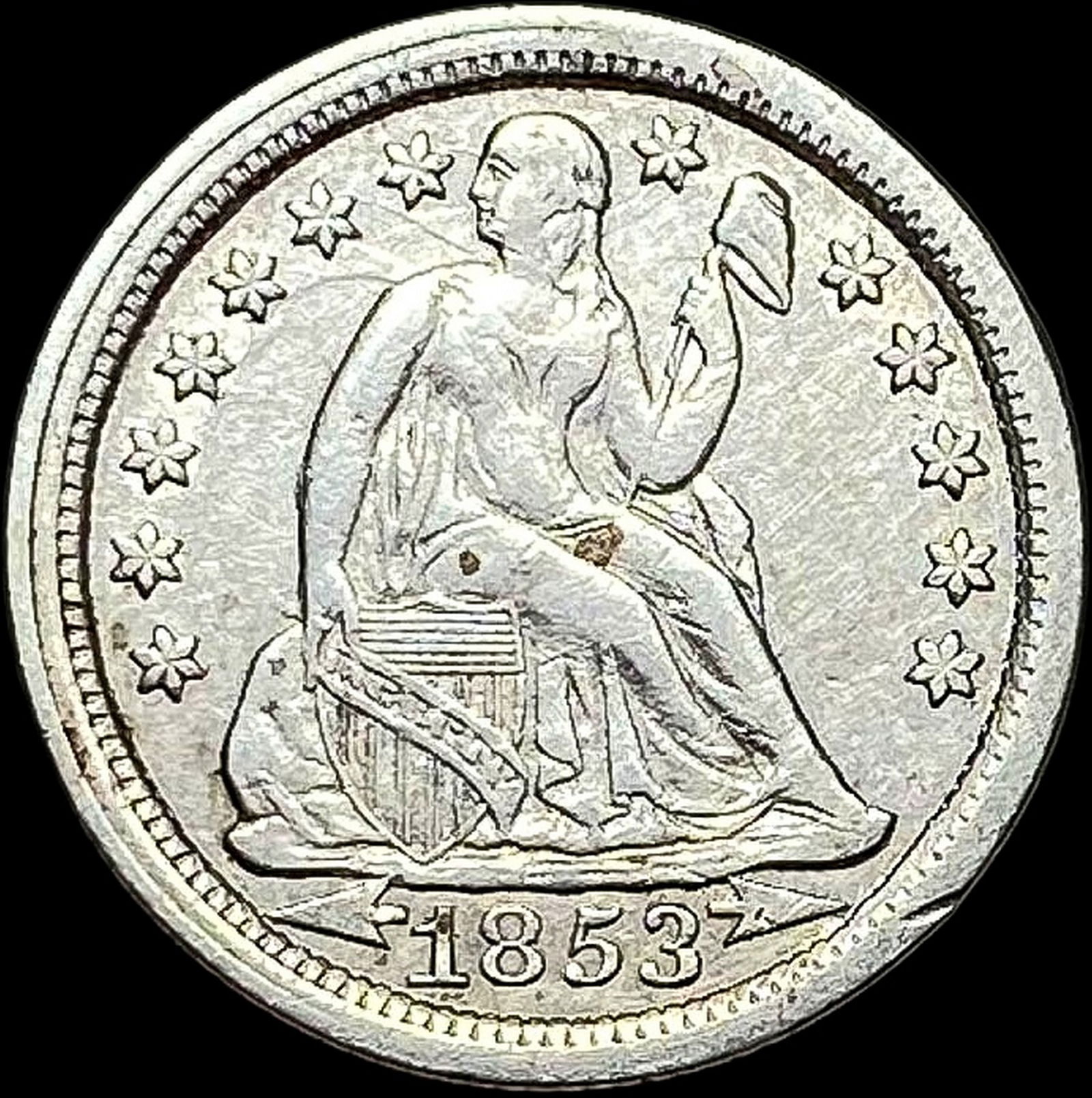 1853 Silver Seated Liberty Dime CLOSELY  UNCIRCULATED (1 of 2)