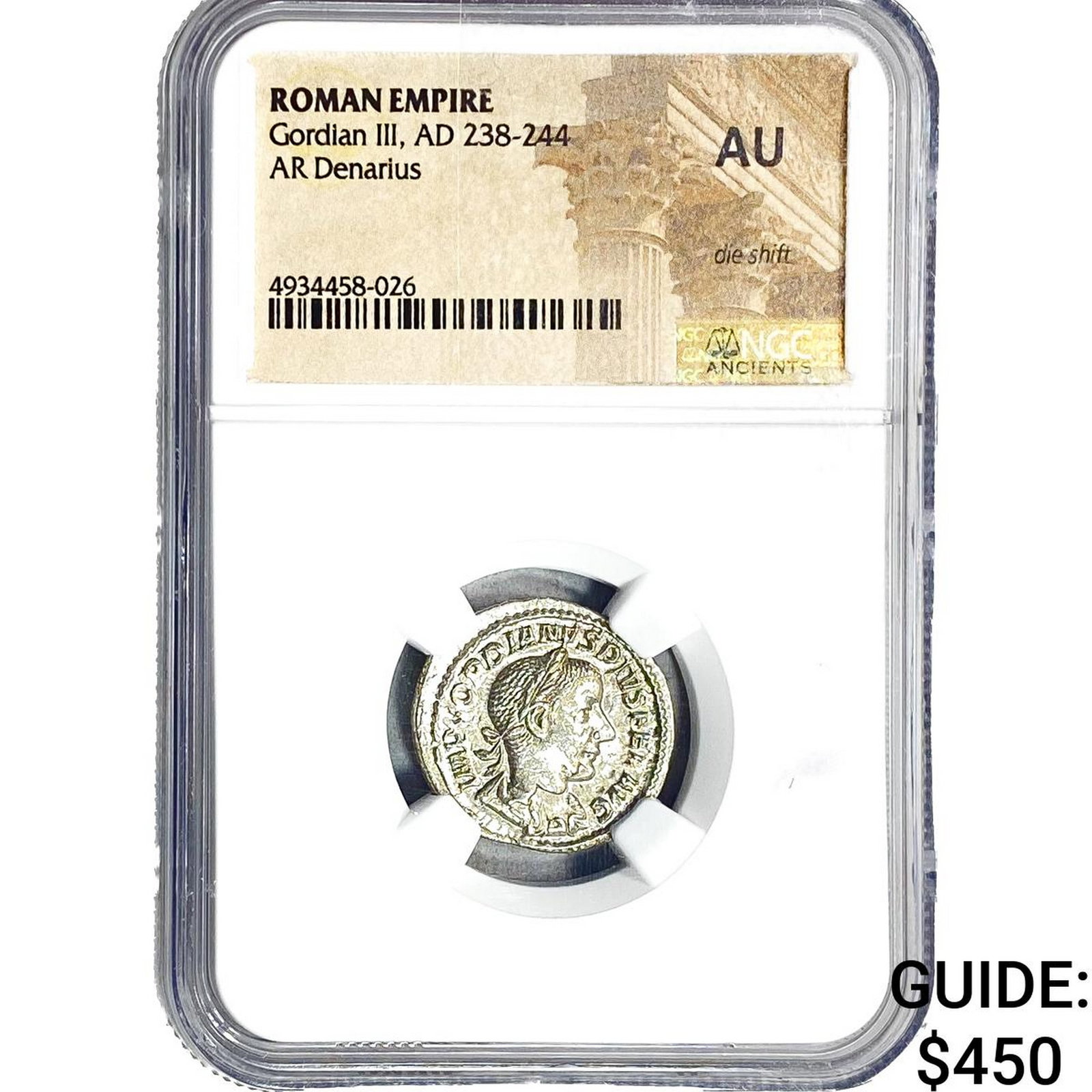 Roman Gordian III, AD 238-244 AR Denarius NGC AU: Roman Gordian III, AD 238-244 AR Denarius NGC AU