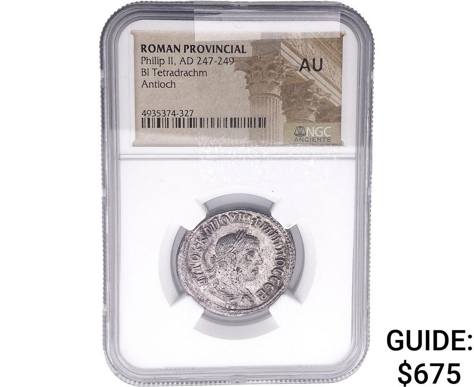 247-249AD Roman Provincial Philip II BI Tetradrachm NGC AU: 247-249AD Roman Provincial Philip II BI Tetradrachm NGC AU