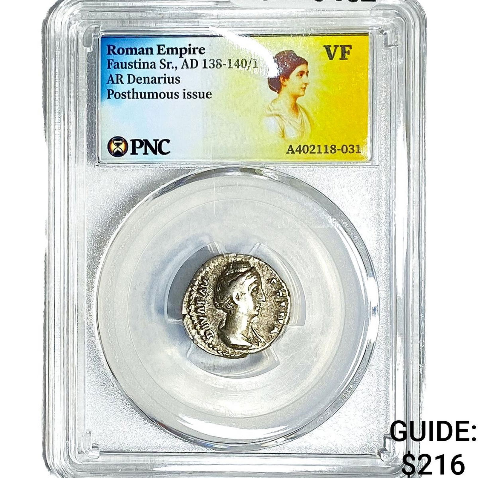 Roman Faustina Sr.,AD 138-140/1 AR Denarius PNC VF (1 of 2)