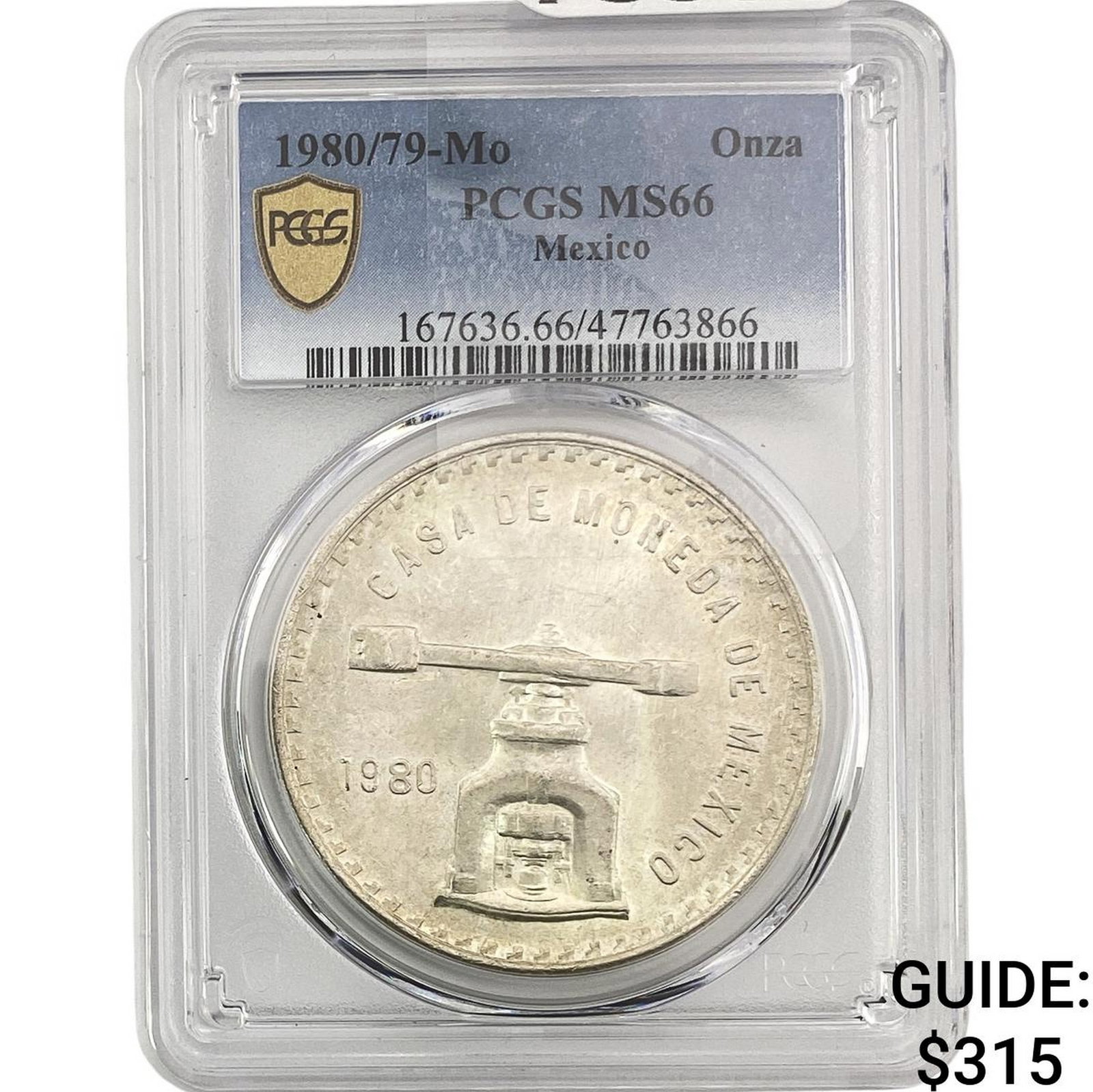 1980/79-Mo Una Onza Troy De Plata Pura Mexico PCGS MS66: 1980/79-Mo Una Onza Troy De Plata Pura Mexico PCGS MS66