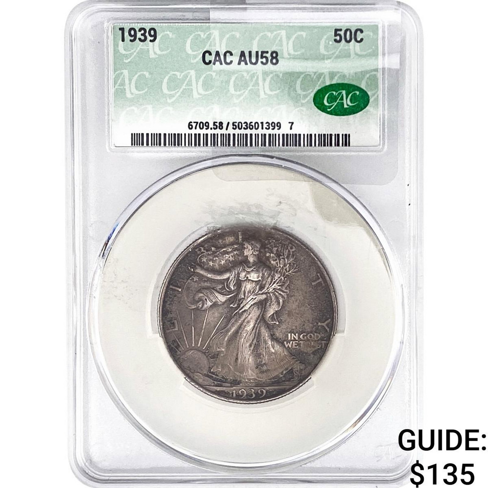 1939 Walking Liberty Half Dollar CAC AU58: 1939 Walking Liberty Half Dollar CAC AU58