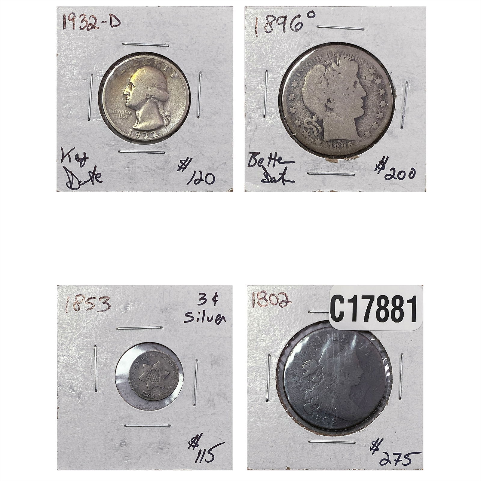 [4 Coins] 1802-1932 U.S. Coin Lot 1C, 3C, 25C, 50C (1 of 9)