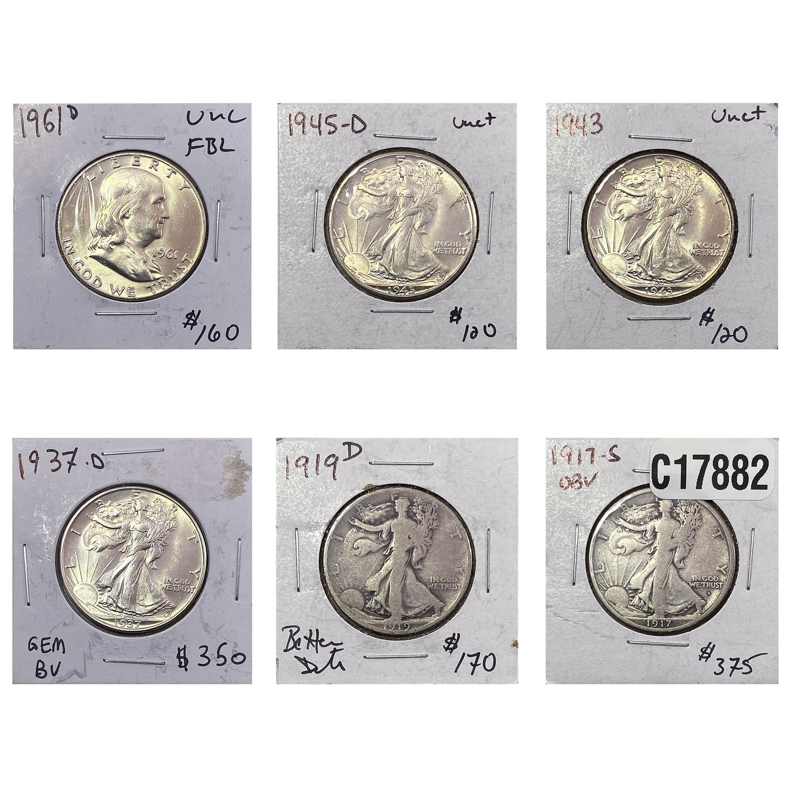 [6 Coins] 1917-1961 U.S. Silver Half Dollar Lot: [6 Coins] 1917-1961 U.S. Silver Half Dollar Lot